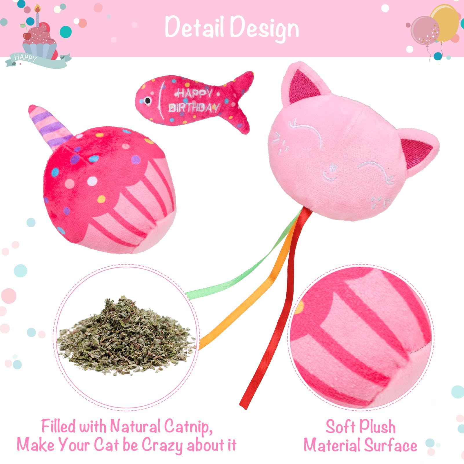 Bingpet Catnip Toys For Indoor Cats, Cat Birthday Hat And Interactive Plush Kitten Chew Toys - Cute Cake, Fish, Balloon Toys Wit