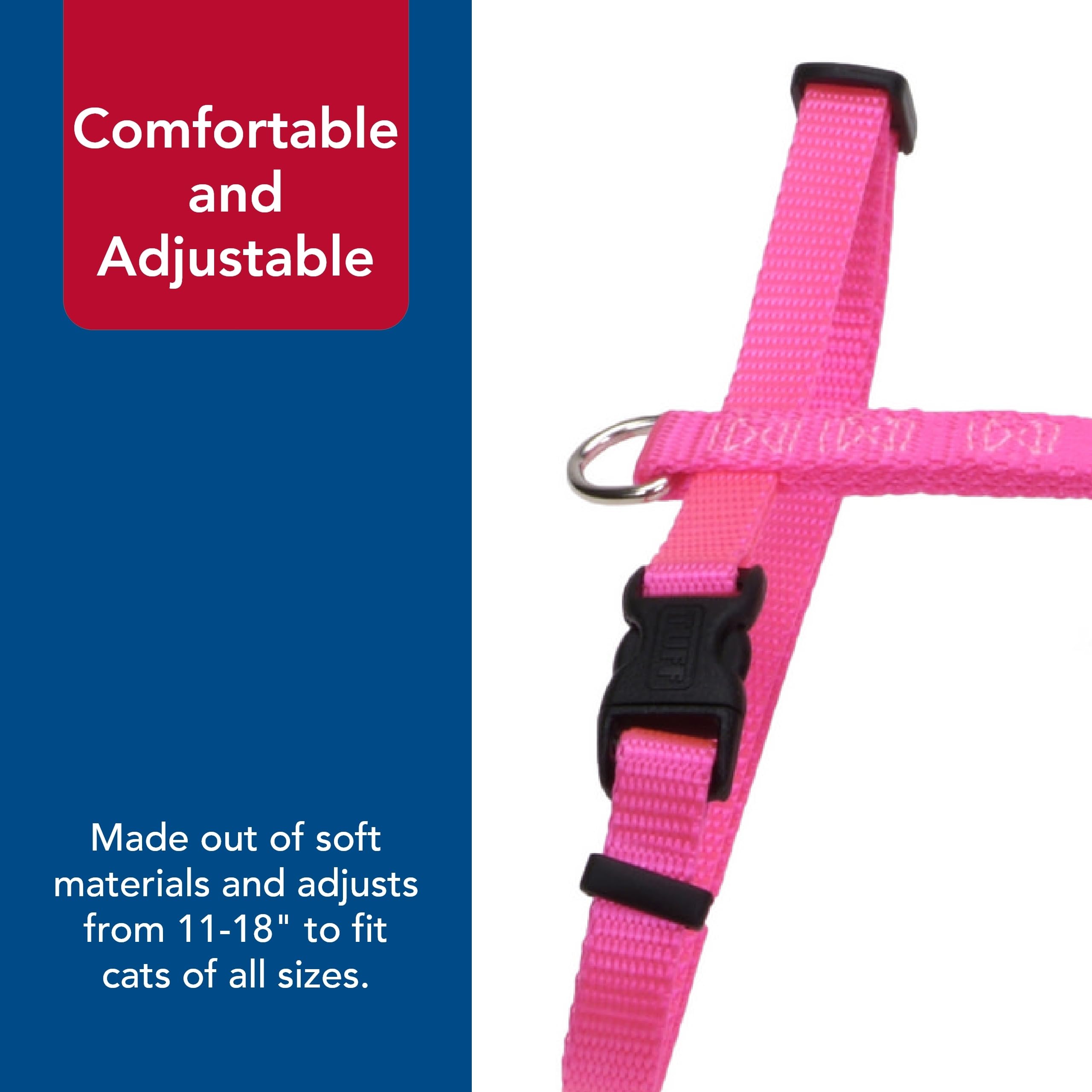 Coastal Pet Figure 'H' Adjustable Cat Harness - Outdoor Cat Supply - Comfortable For Cats - Secure Snap-Lock Buckles - Neon Pink, 3/8' X 10' - 18'