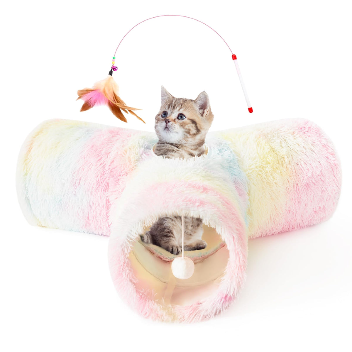 Tempcore Plush Pet Cat Tunnel Tube Cat Toys 3 Way Collapsible, Cat Tunnels For Indoor Cats，Kitty Tunnel Bored Cat Pet Toys Peek Hole Toy Ball Cat, Puppy, Kitty, Kitten, Rabbit Rainbow