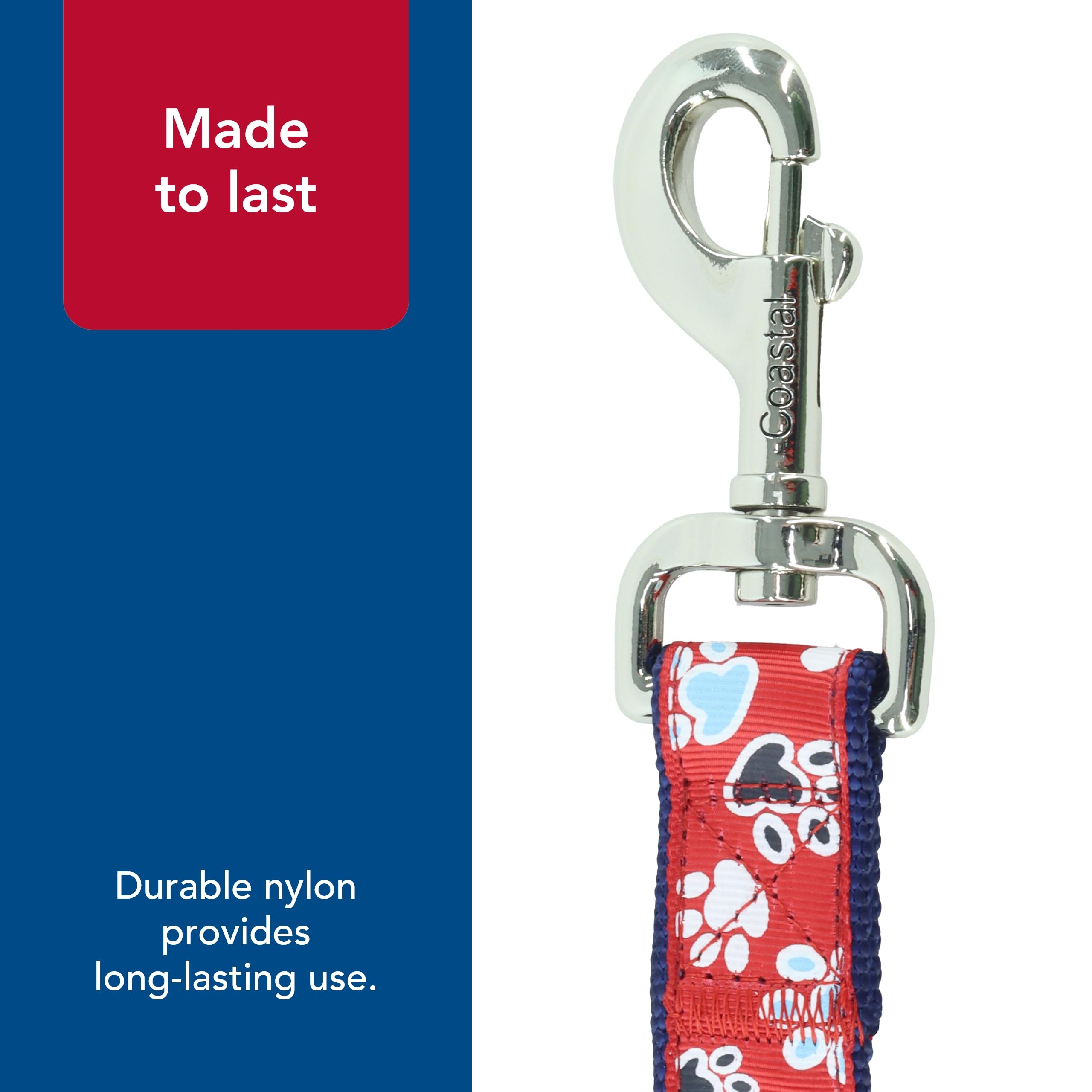 Coastal Pet Ribbon Dog Leash - Contemporary Stylish Look - Durable Fade-Resistant Nylon Material - Perfect For Dogs Red With Paws, 1' X 06'