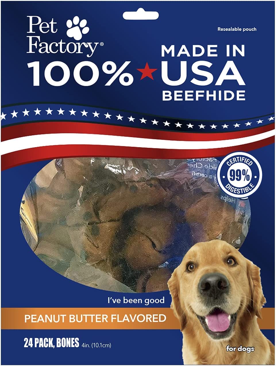 Pet Factory 100% Made In Usa Beefhide 4' Knotted Bones Dog Chew Treats - Peanut Butter Flavor, 24 Count/1 Pack