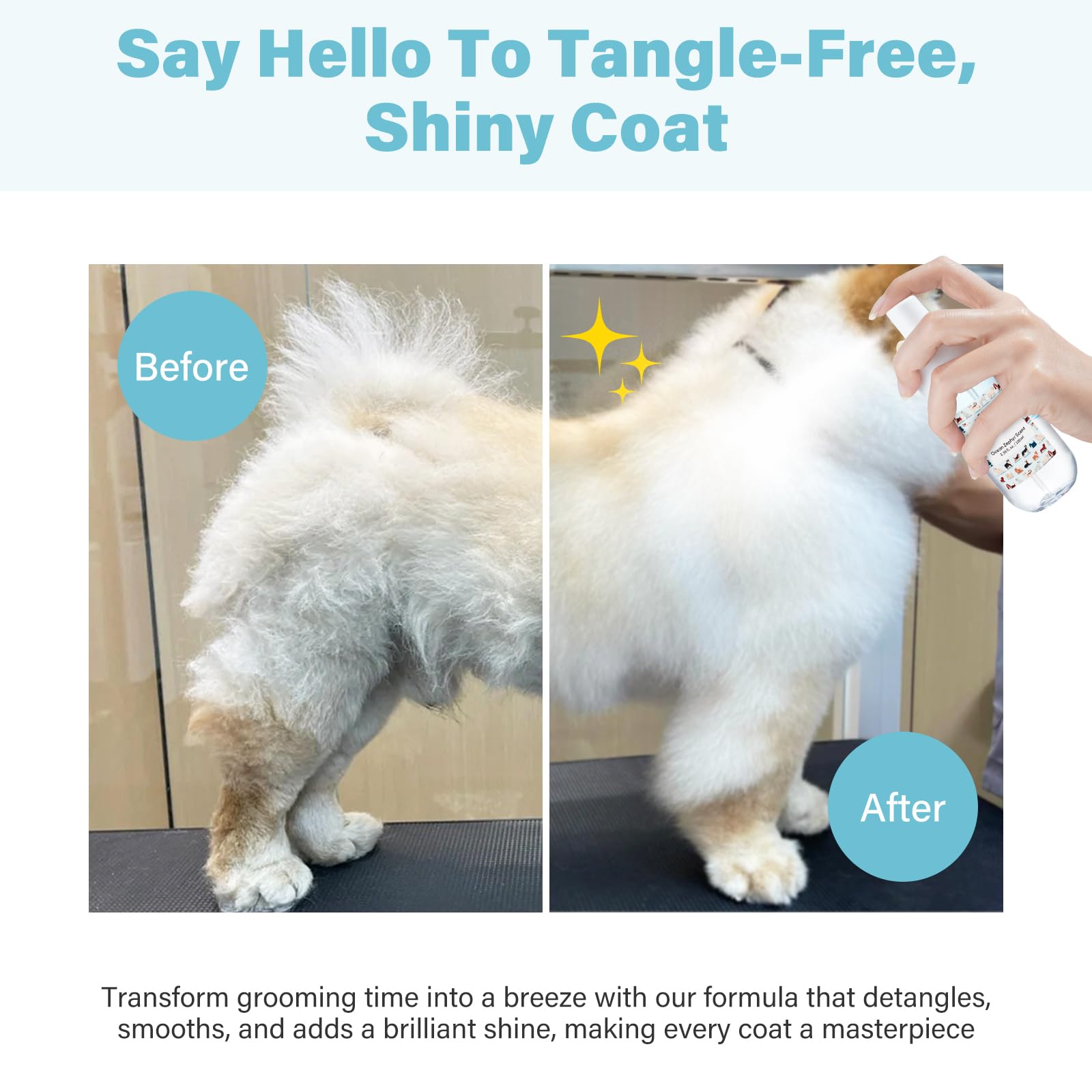 Dog Detangler & Dematting Spray - Leave-In Conditioner, Ocean Zephyr Scent | Jojoba Oil, Macadamia Oil, Sodium Hyaluronate For S