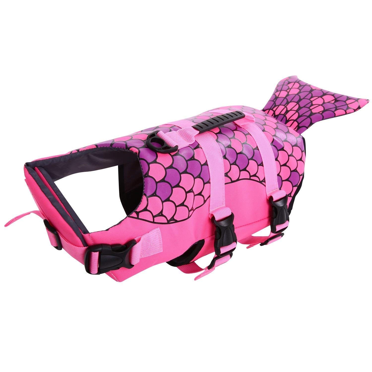 Queenmore Dog Life Jacket Ripstop Shark Dog Safety Vest Adjustable Preserver With High Buoyancy And Durable Rescue Handle For Small,Medium,Large Dogs, Pink Fish Large