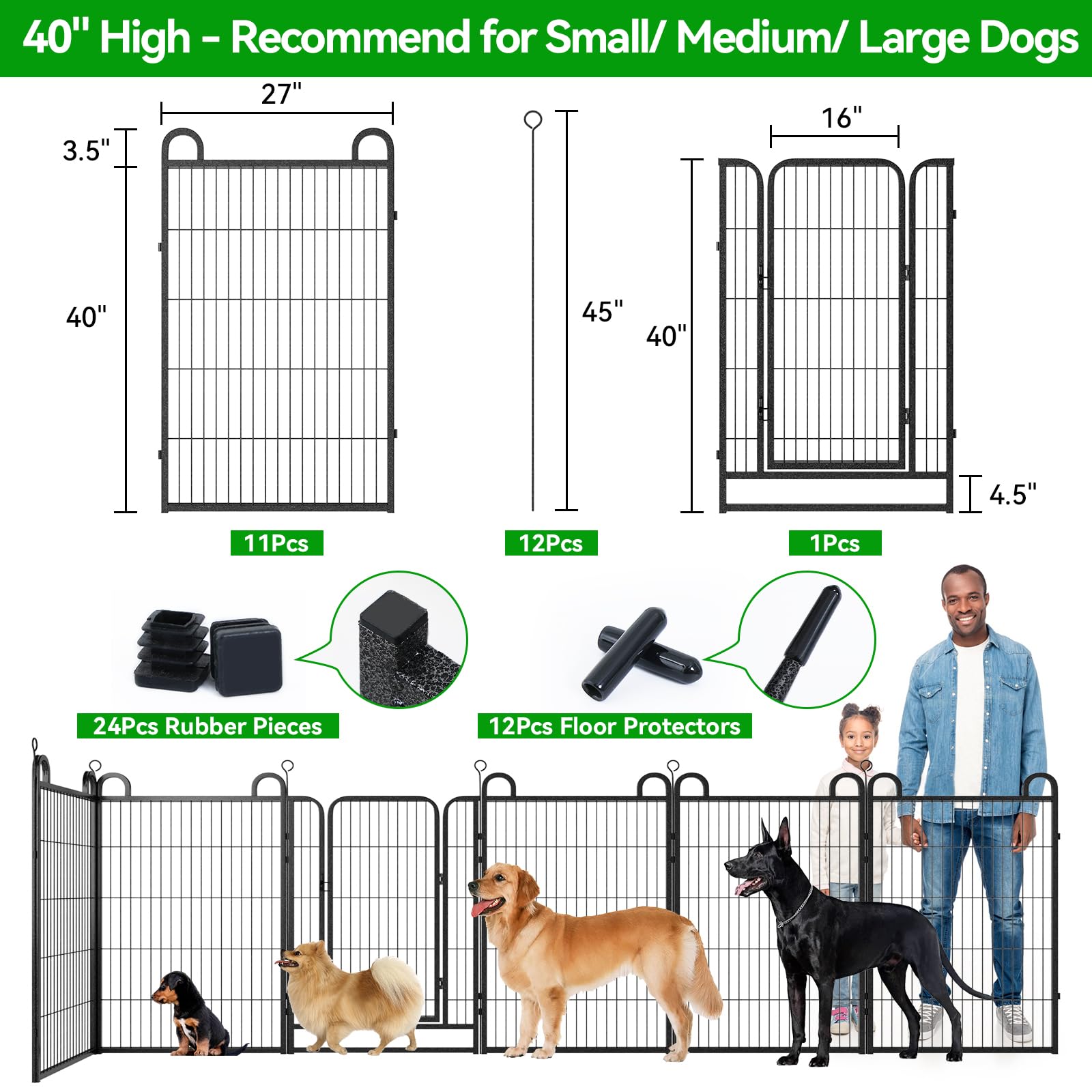 Dog Playpen Outdoor 12 Panels Heavy Duty Dog Fence 40'' Height Anti-Rust With Doors Portable For Rv Camping Yard, Total 27Ft, 58