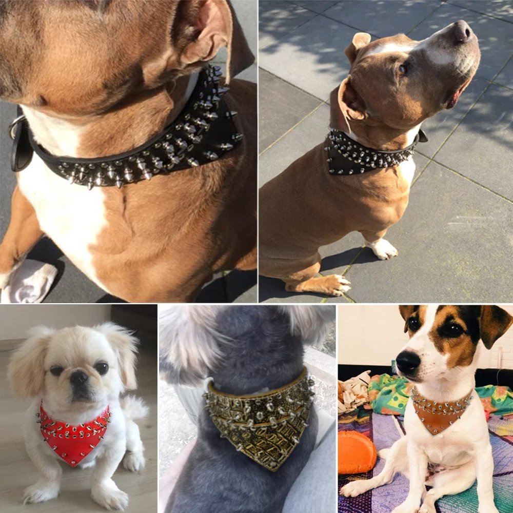 Didog 2'' Width Bandana Style Scarf Leather Dog Collar, Spiked Studded Fit Dalmatian Pit Bull Terrier,Red M Size