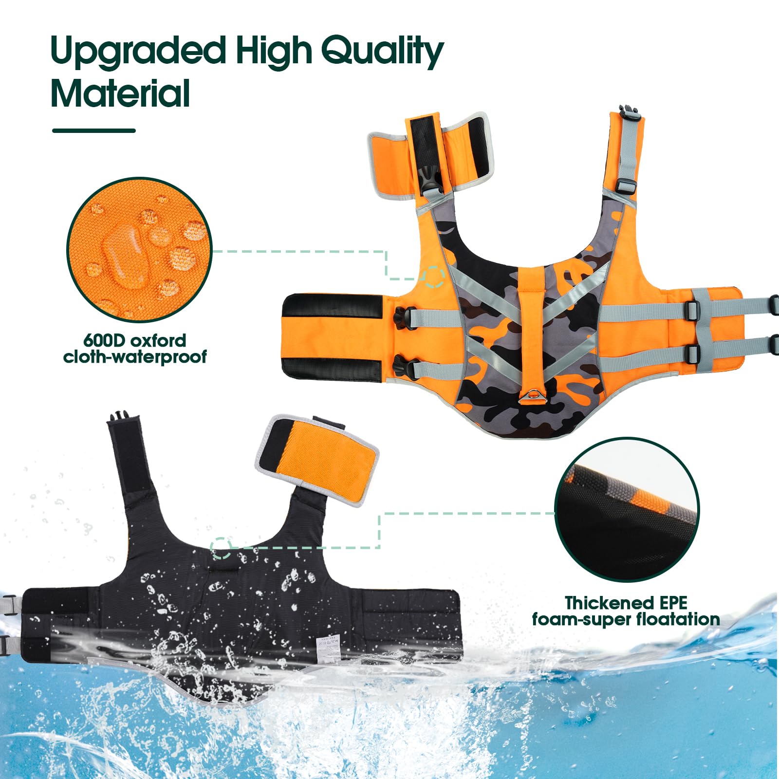 Kuoser Dog Life Jacket, High Visibility Ripstop, Adjustable For Medium Dogs, Orangecamo