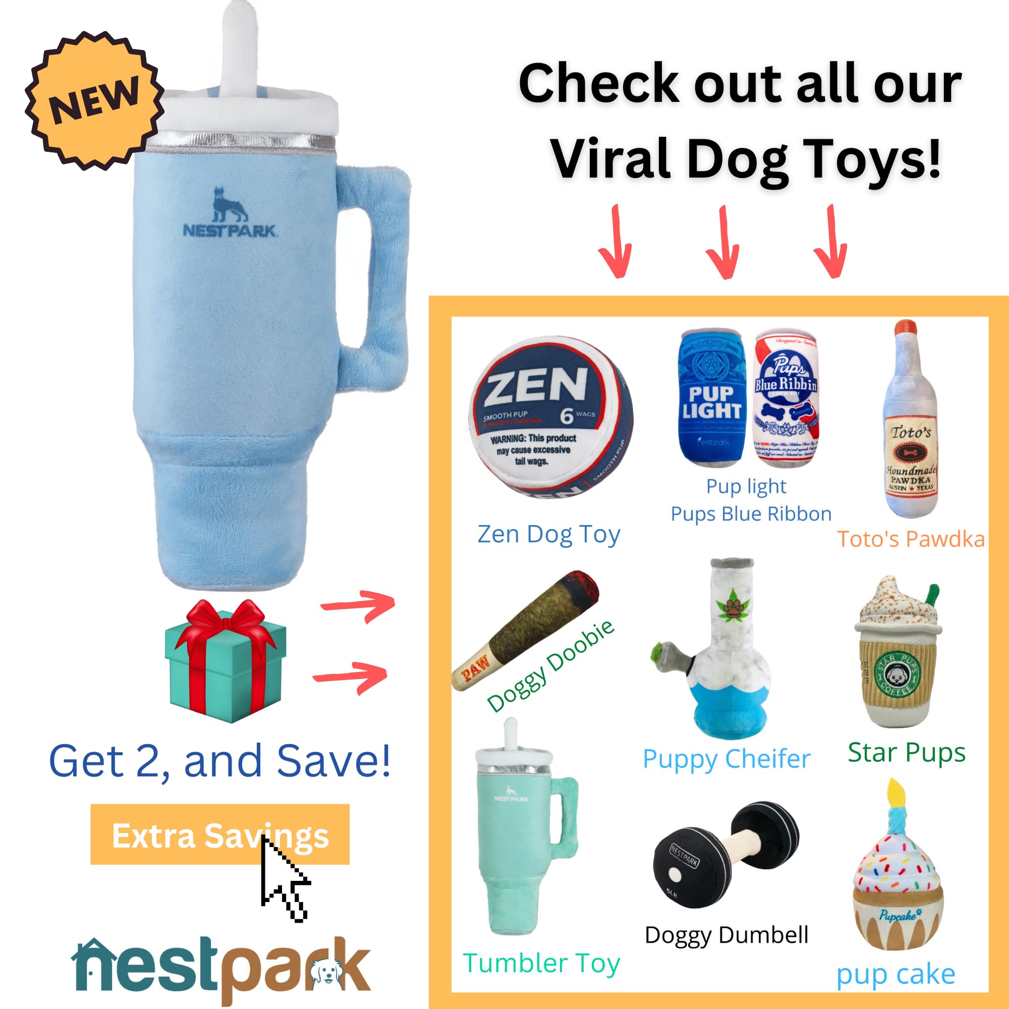 Nestpark Tumbler Cup Funny Dog Toy - Parody Plush Squeaky Crinkle Dog Toy (Chambray Blue)