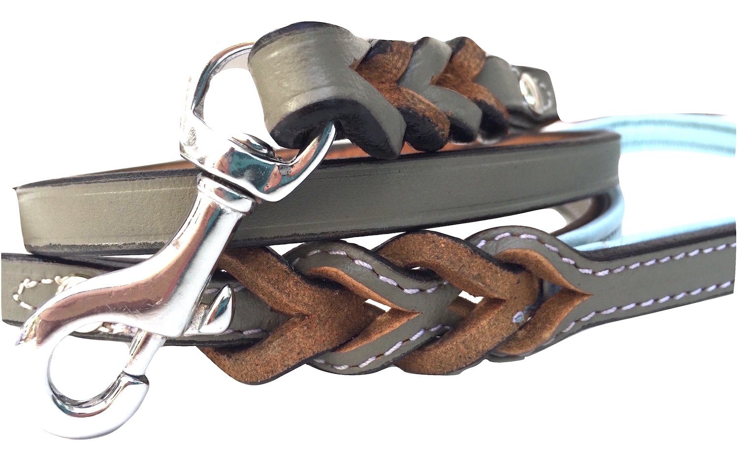Soft Touch Collars - Leather Braided Dog Leash With Padded Handle, 4Ft. X 1/2 Inch - Grey And Blue
