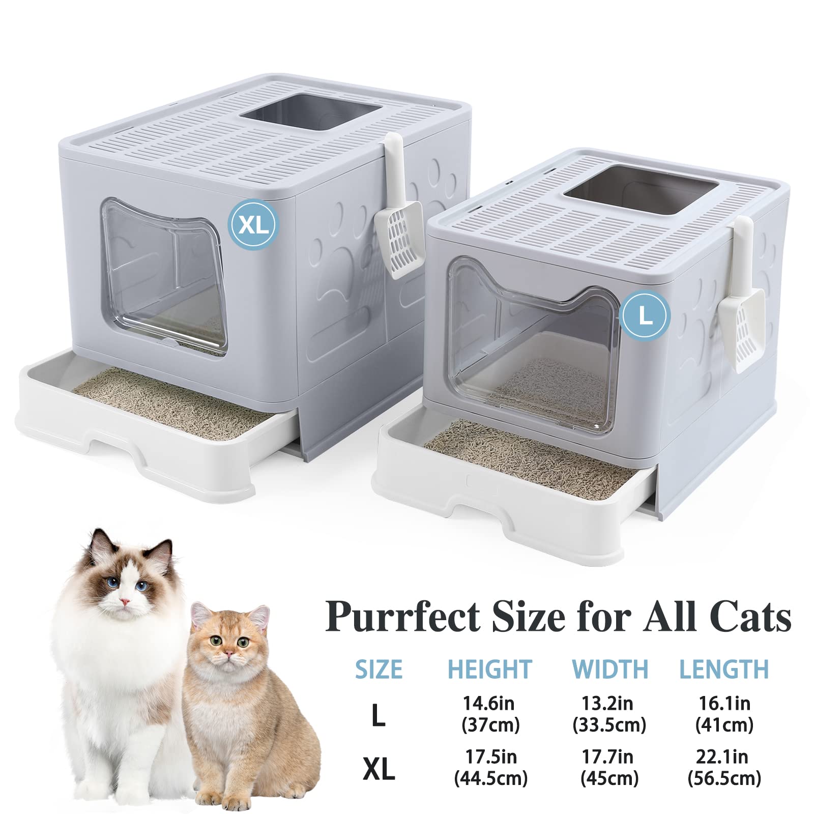 Bolux Foldable Cat Litter Box With Lid, Extra Large Litter Box With Cat Litter Scoop, Drawer Type Cat Litter Pan Easy To Scoop & Low Tracking (Grey Xl)