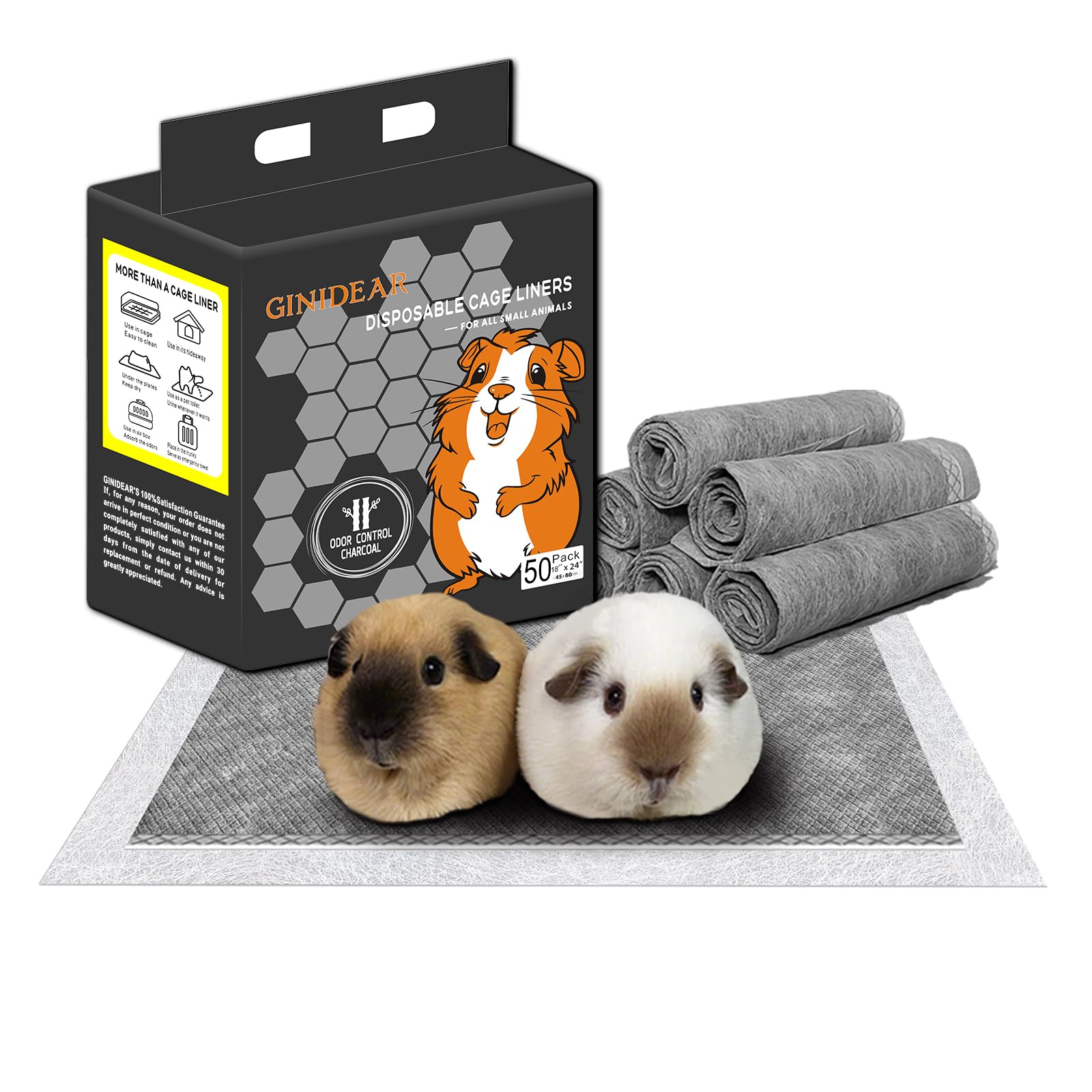 Ginidear Disposable Guinea Pig Cage Liners, Charcoal Odor Controlling Absorbent Waterproof Pee Pads For Rabbits, Bunnies, Chinchillas, Puppies And Other Small Animals .18'X24',50 Count