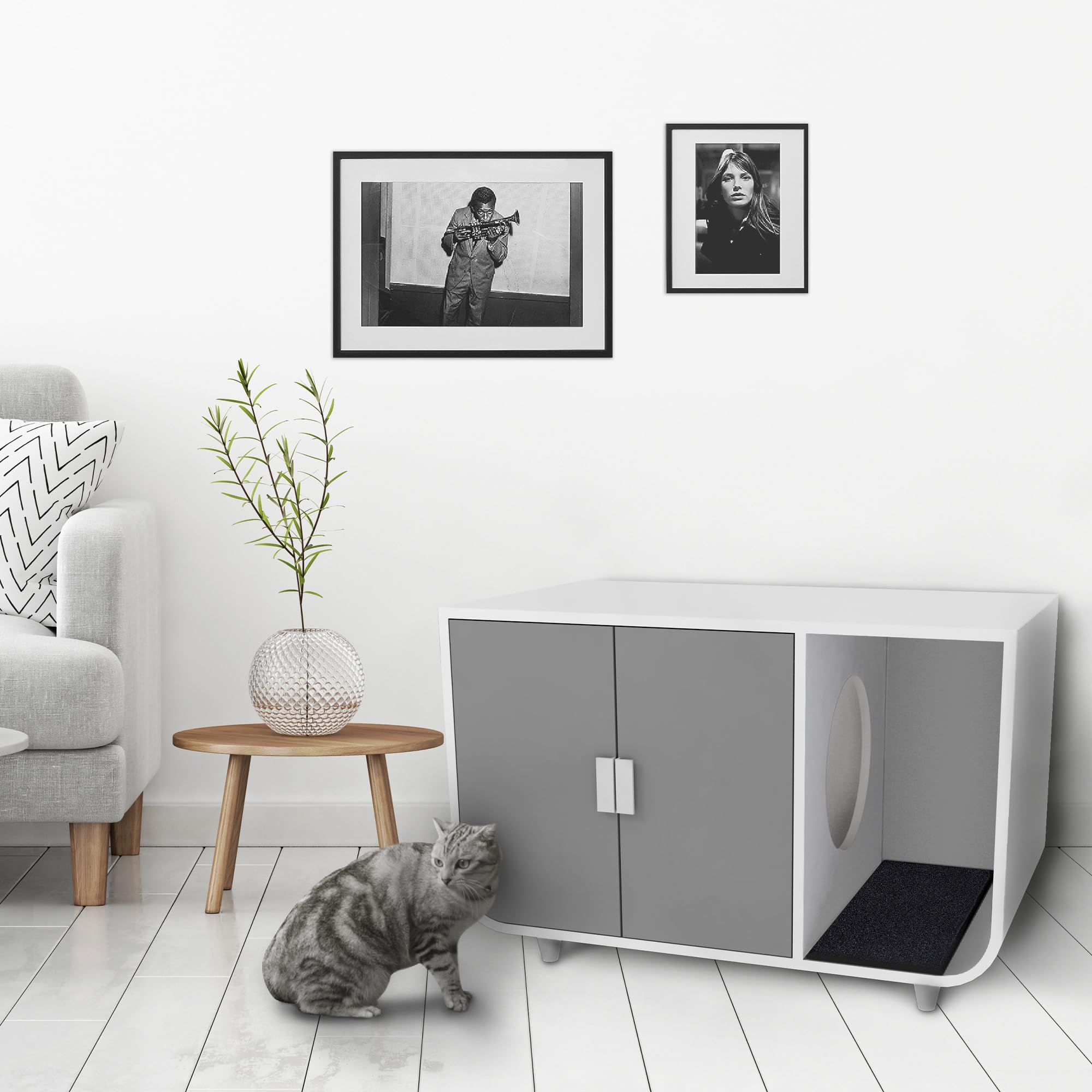 Staart Cat Litter Box Enclosure - Large Hidden Furniture Nightstand, Alpine White, Solid Wood, Model ST-K100021