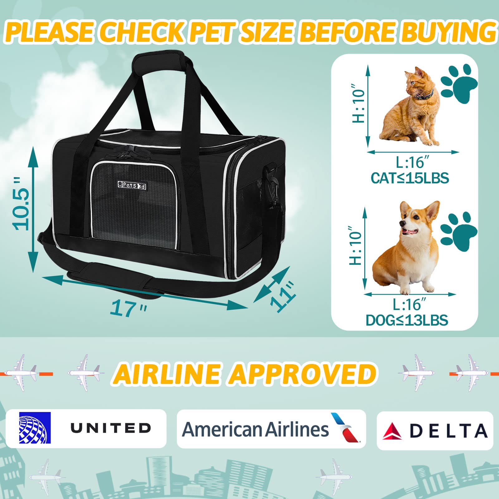 Petskd Pet Carrier 17X11X10.5 Delta American United Airline Approved, Pet Travel Carrier Bag For Small Cats And Dogs, Cat Soft Sided Carrier With Safety Lock Zippers, 5-Sided Breathable Mesh(Black)