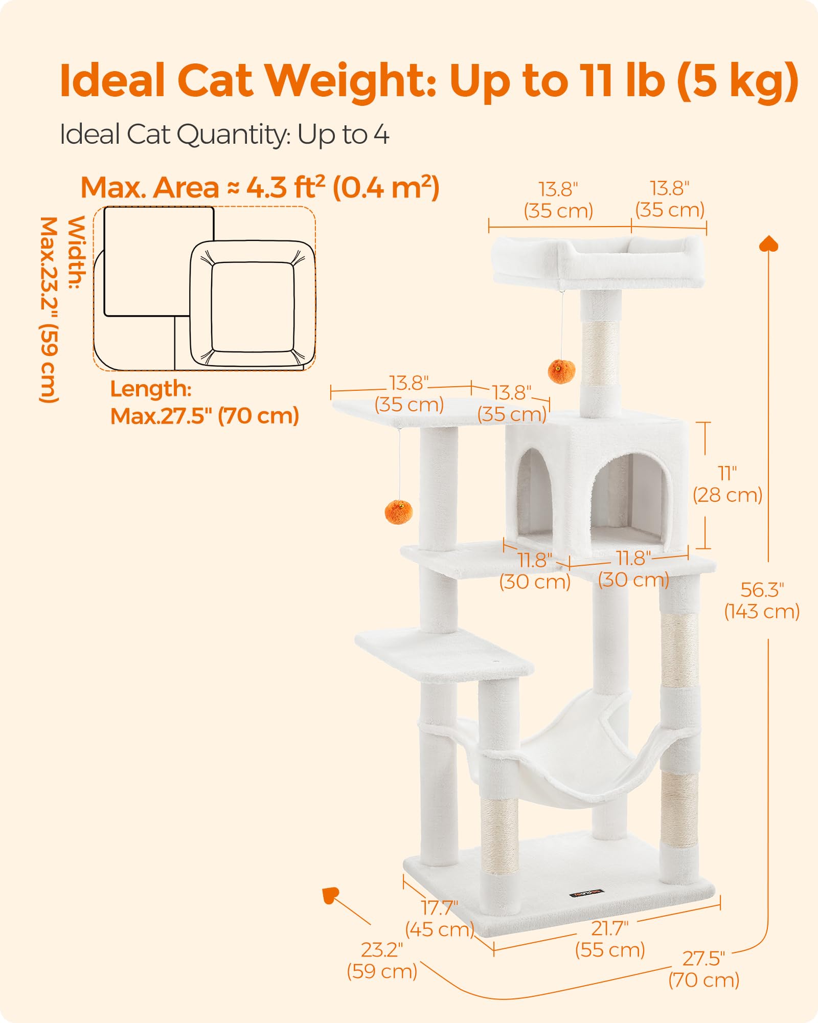 Feandrea Cat Tree, 56.3-Inch Cat Tower For Indoor Cats, Multi-Level Cat Condo With 4 Scratching Posts, 2 Perches, Hammock, Cave, Cream White Upct161T01