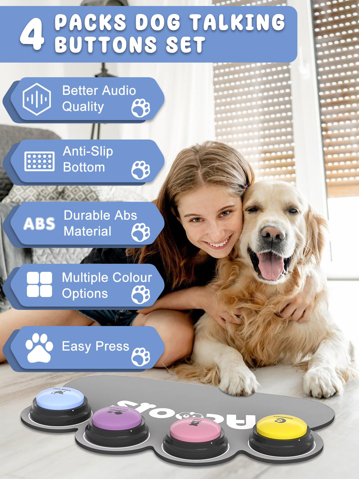 4 Pcs Dog Talking Button Set, Dog Buttons for Communication, 30s Recordable Voice Pet Buzzer Training Buttons, Speaking Button f