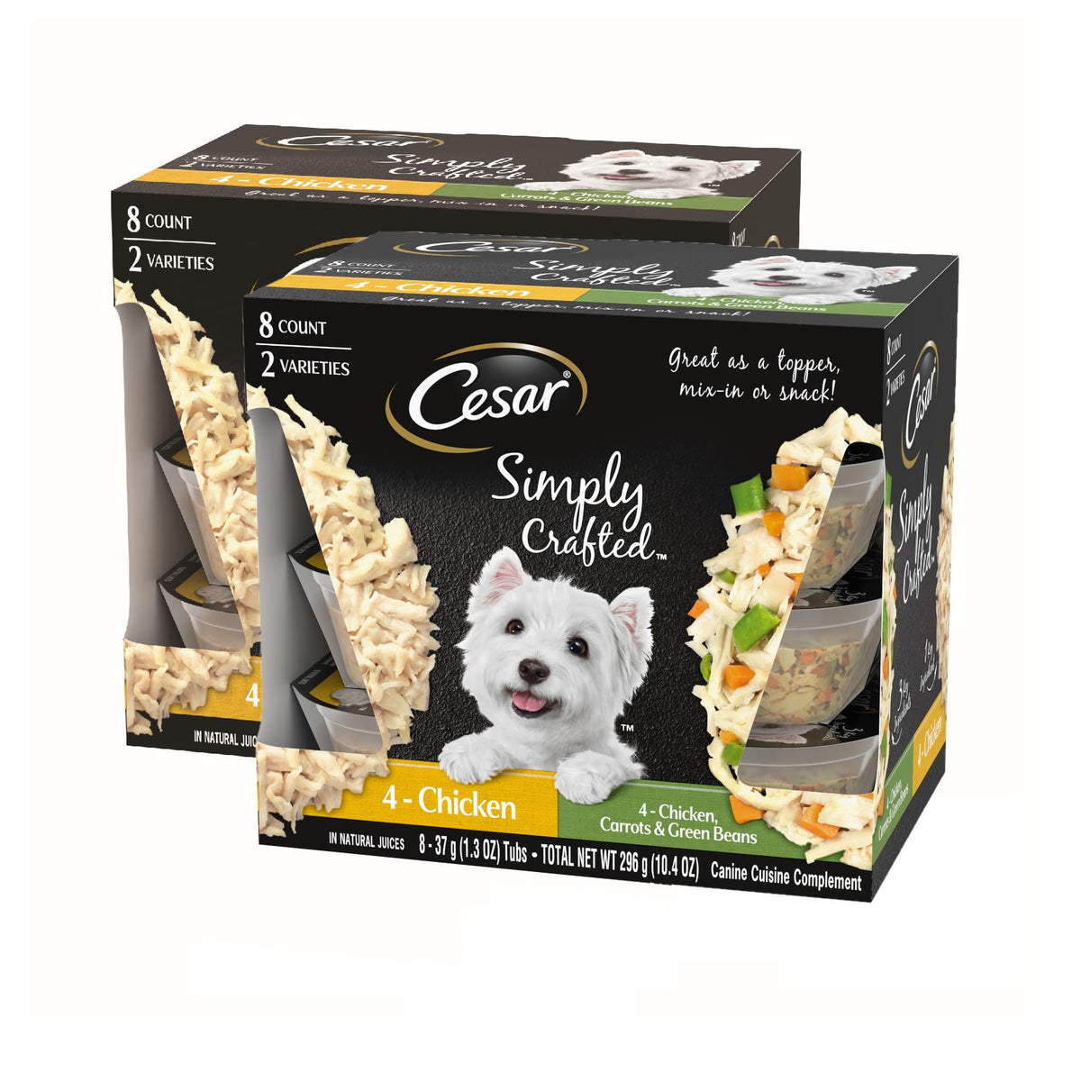 Cesar Simply Crafted Adult Wet Dog Food Meal Topper Variety Pack, Chicken And Chicken, Carrots & Green Beans, 1.3 Oz. Tubs, 8 Count (Pack Of 2)
