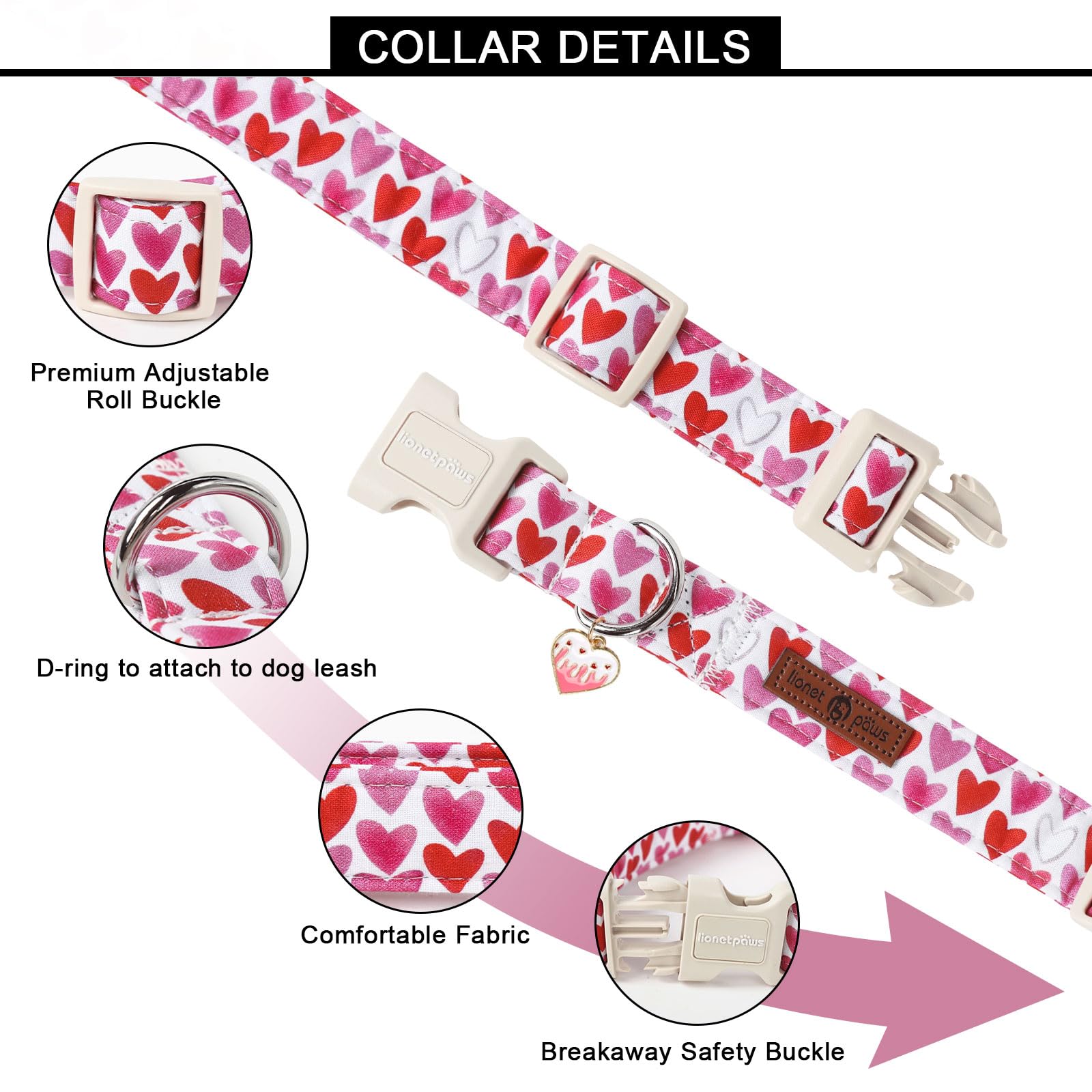 Lionet Paws Valentine'S Dog Collar- Cute Love Heart Dog Collars With Plastic Buckle, Light Adjustable Dog Collars For Medium Lar