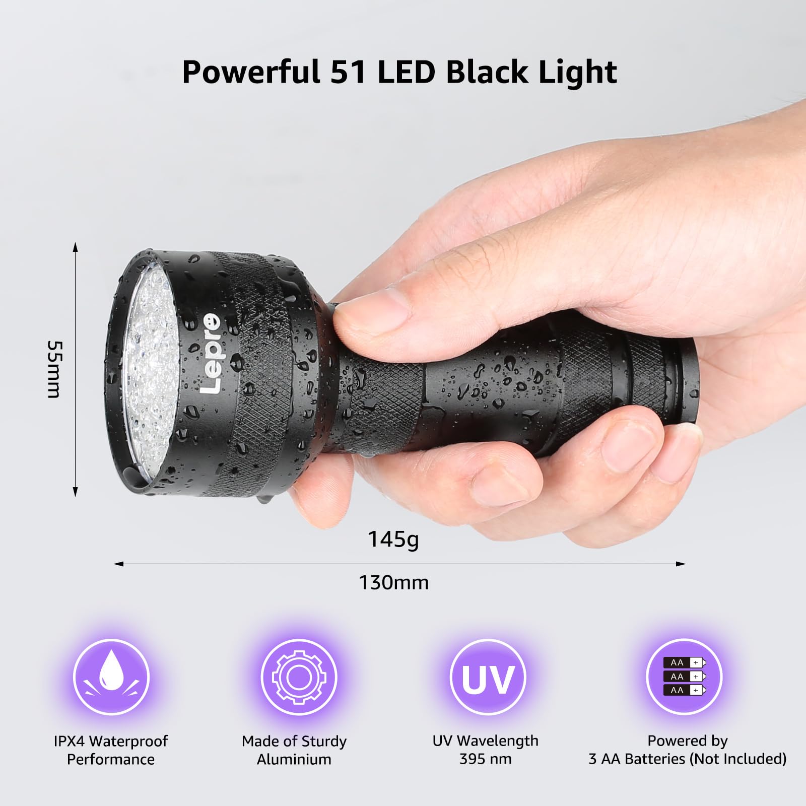 Lepro UV Flashlight Black Light, 51 LED UV Light Handheld Blacklight, 395nm Detector for Pet Urine, Stains, Bed Bug and Scorpion