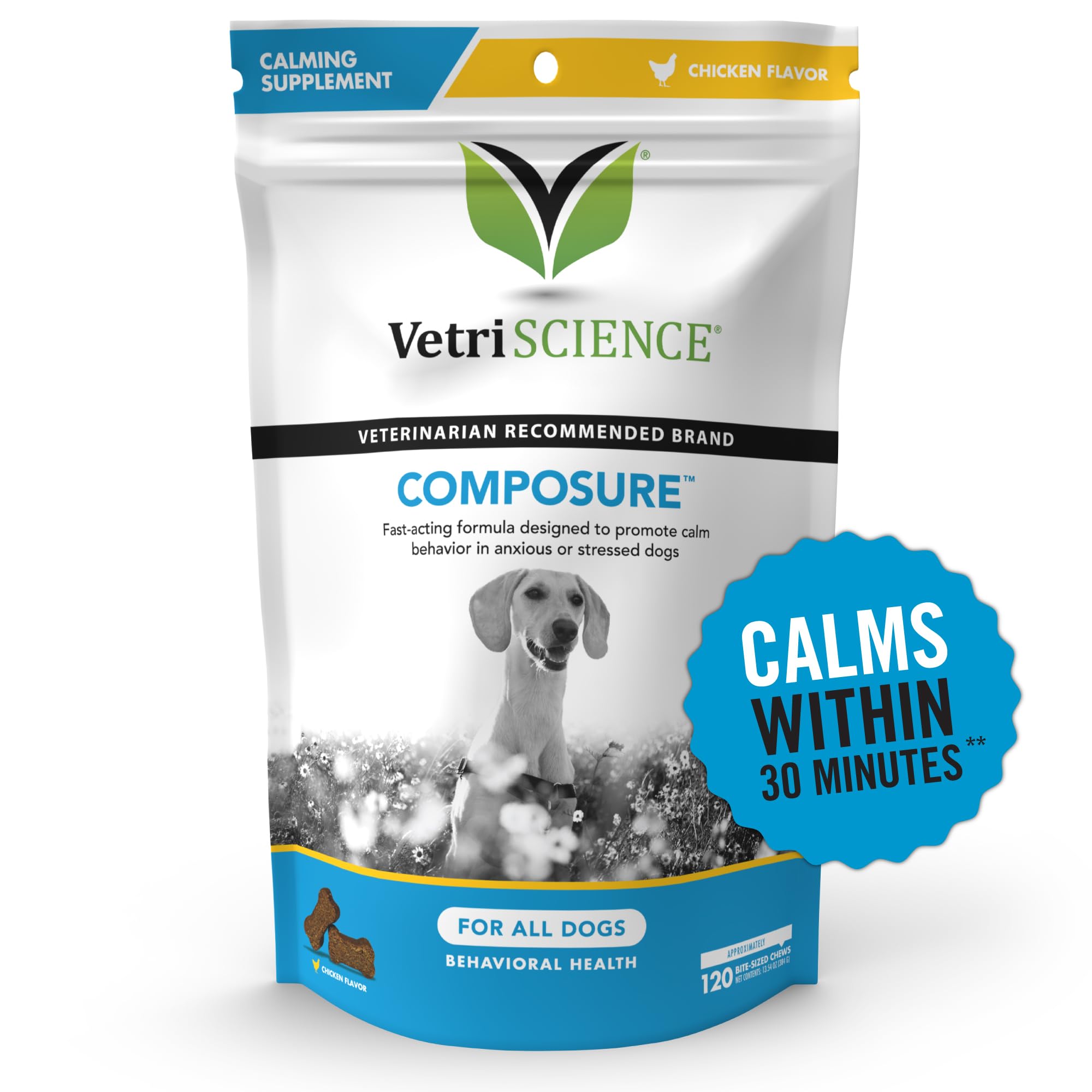 VetriScience Composure Calming Chews for Dogs - 120 Count Chicken Flavor, Clinically Proven Anxiety Relief with Colostrum & L-Theanine