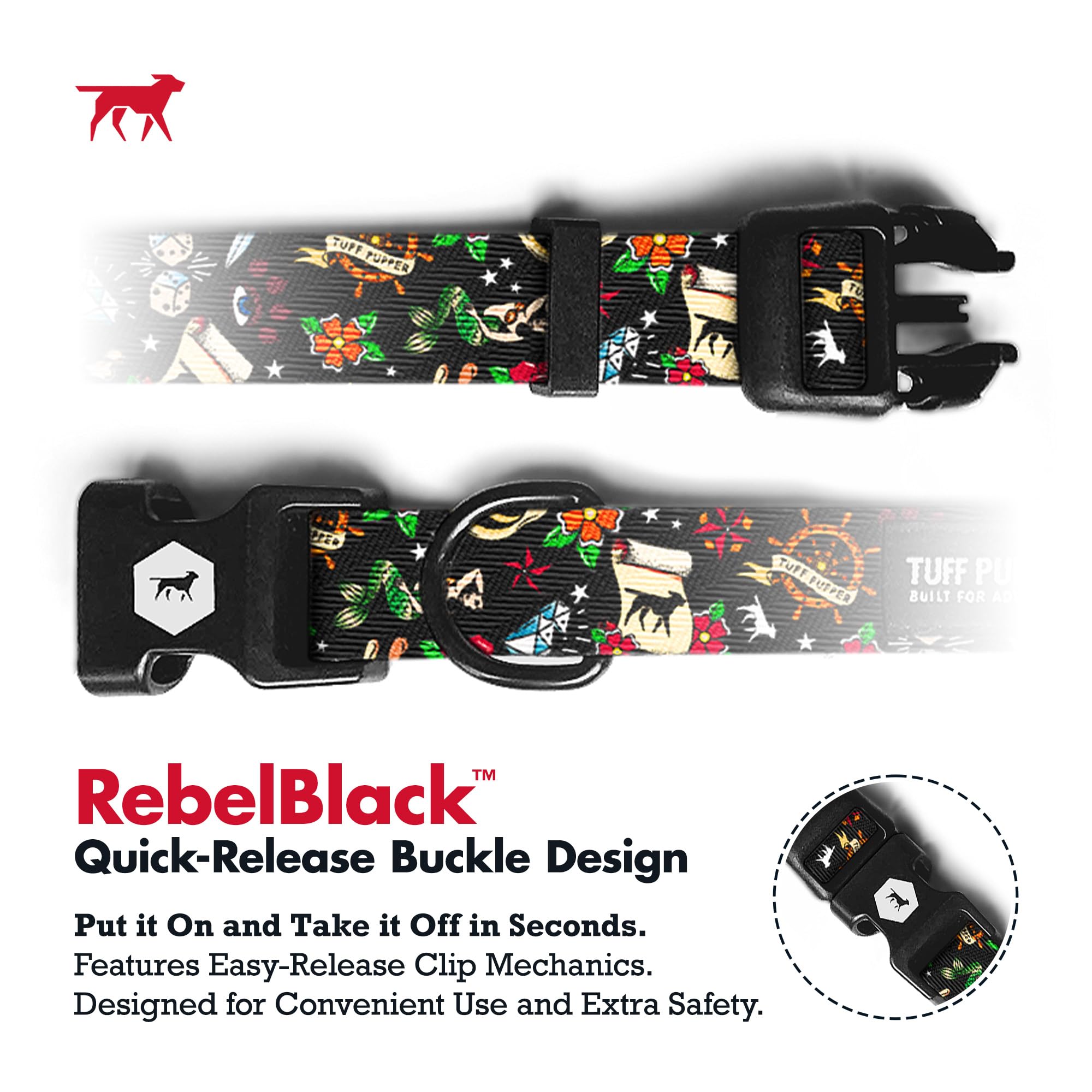 Tuff Pupper Premium Adjustable Dog Collar for Small Dogs, Stylish Pattern Collars Designed in USA, Quick Release Buckle, RebelBl