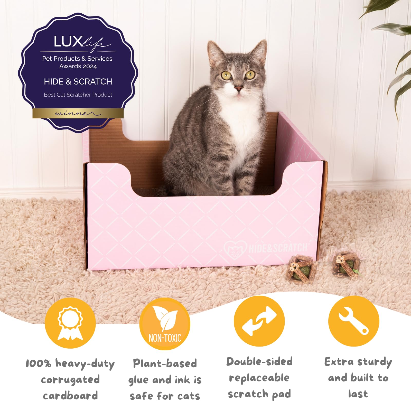 Hide & Scratch Heavy Duty Cardboard Cat Scratcher Box And Cat Bed With Refillable Double-Sided Cardboard Scratch Pad For Indoor