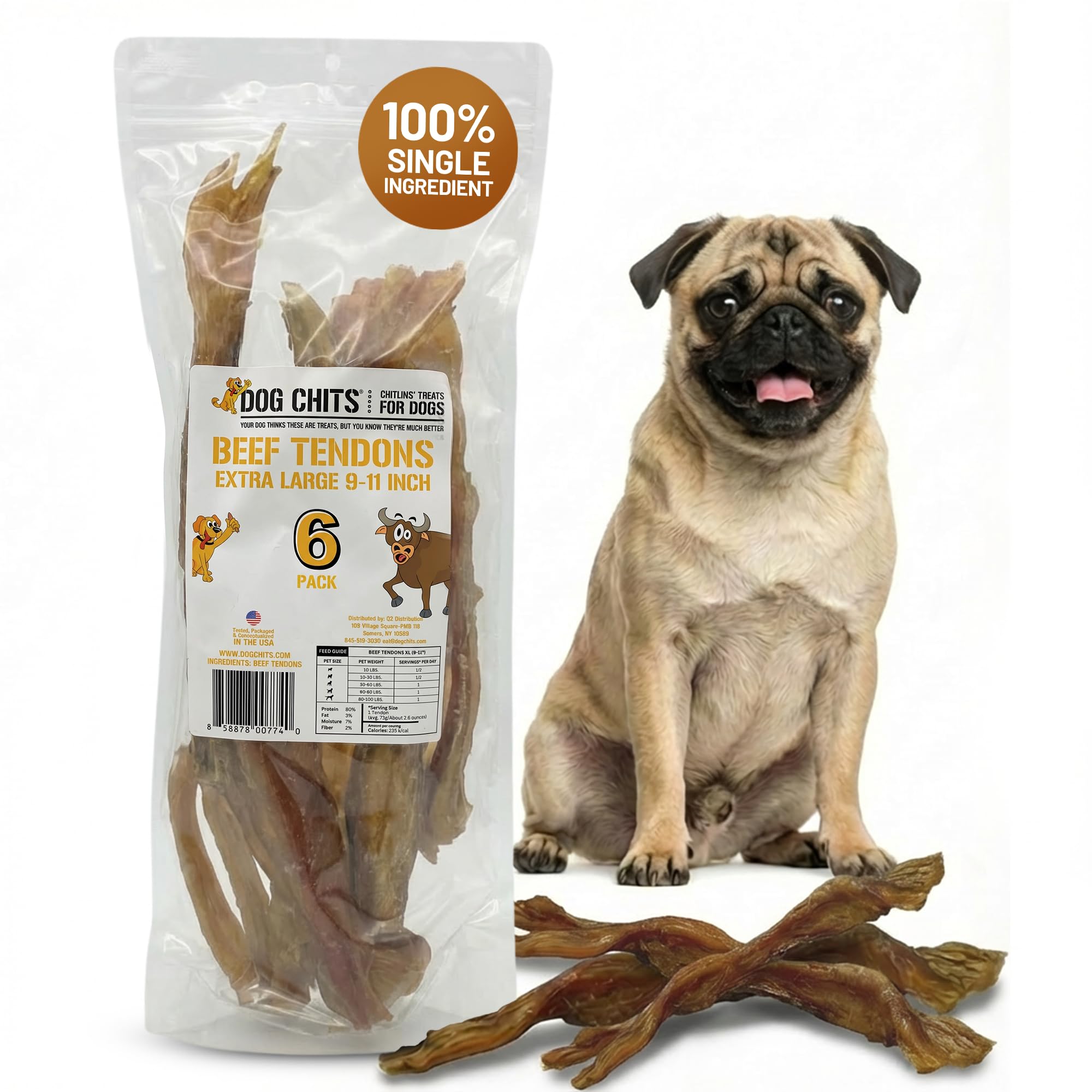 Dog Chits Beef Tendons XL for Dogs and Puppies | Thick Cut | Meaty Cuts | Grass Fed Beef | 9-11 inch | 6 Pack | All Natural Trea