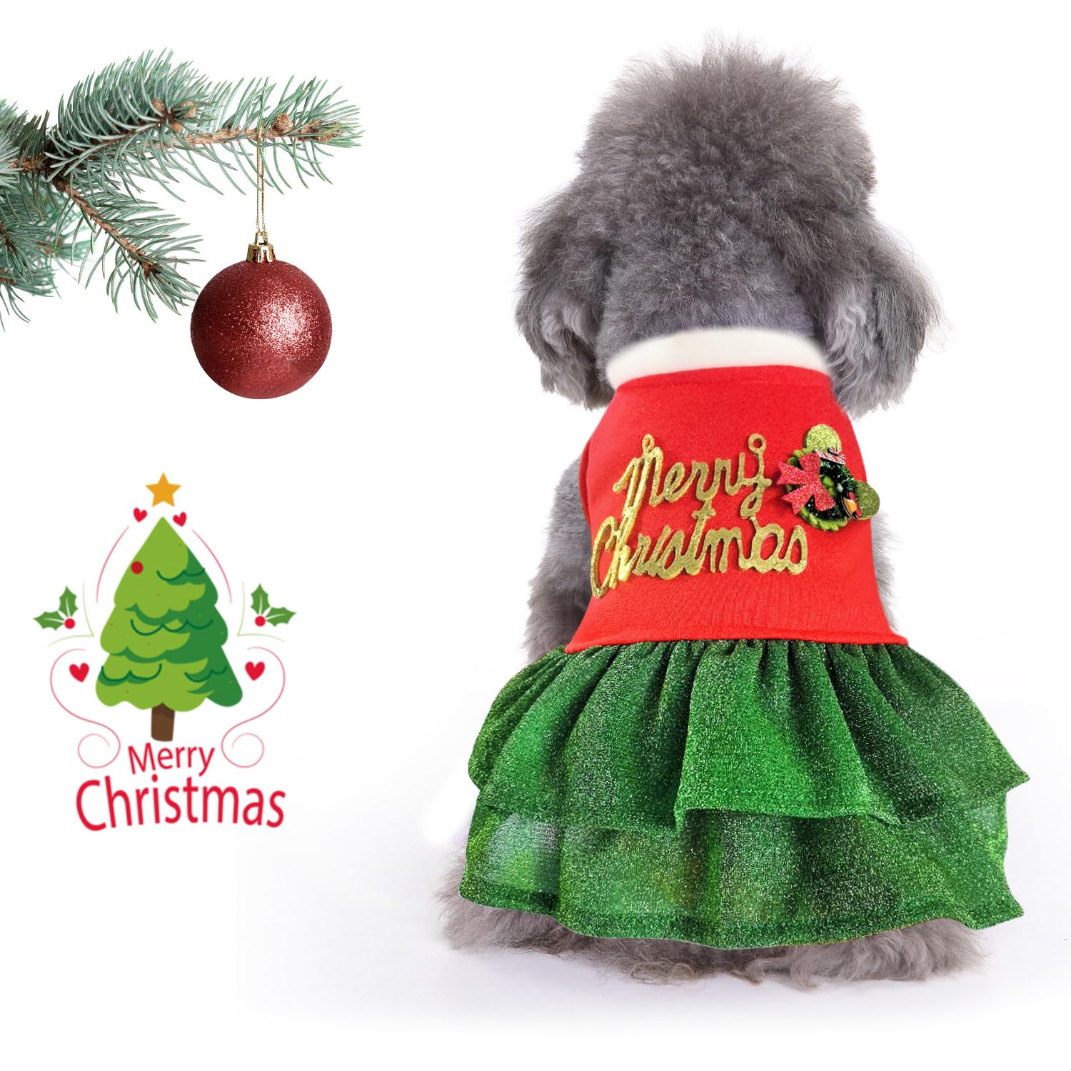 Otunrues Dog Christmas Dress - Merry Holiday Outfit For Small Pets, Cute Girl Costume, Fleece Clothes, Red & Green, Size L