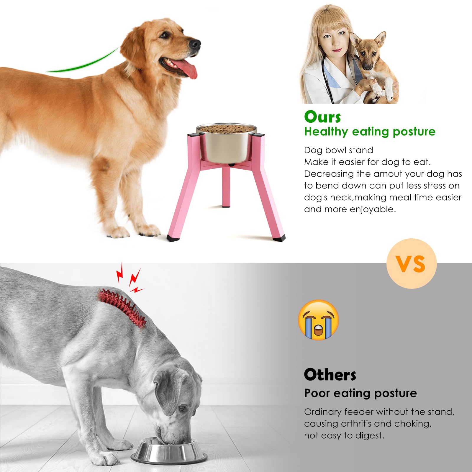 TIDANT Elevated Dog Bowl Stand for Medium Large Dogs, Adjustable 7-10.6", 11" Tall, Metal, Pink, Model DF006M-T