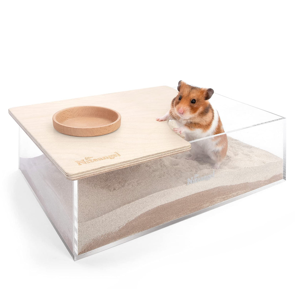 Niteangel Small Animal Sand-Bath Box: - Acrylic Critter'S Sand Bath Shower Room & Digging Sand Container For Hamsters Mice Lemming Gerbils Or Other Small Pets (Rectangle, Birch-Wood)