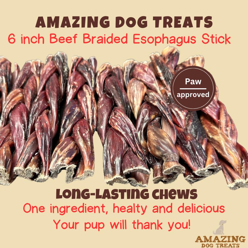 Amazing Dog Treats - 6 Inch Braided Gullet Stick (4 Pc/Pack) - Dog Jerky Treats - Beef Esophagus -Gullet for Dogs - Beef Esophag
