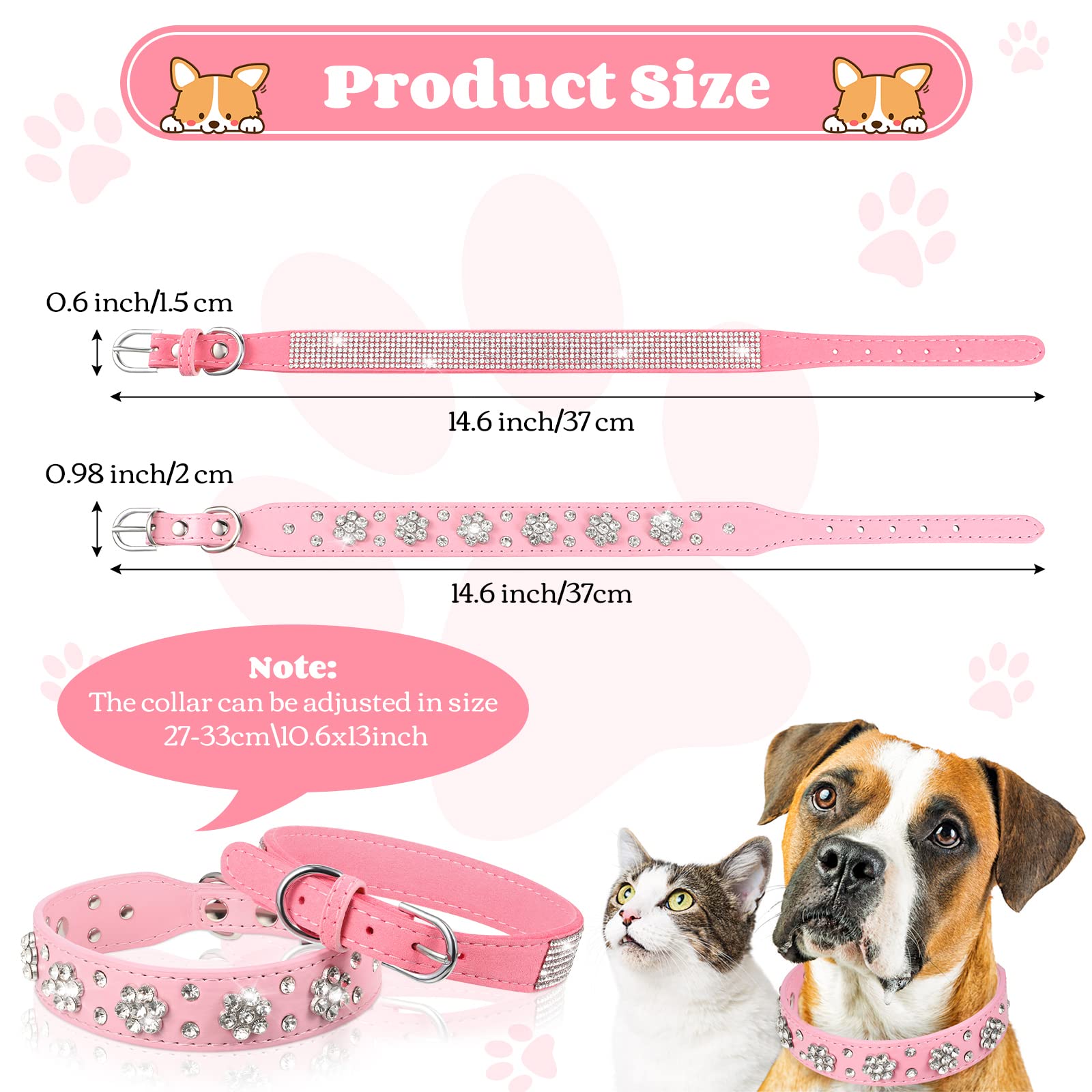 2 Pieces Pu Leather Dog Collar Pink Rhinestone Pet Collar Flower Pattern Studded Dog Collar Adjustable Bling Puppy Collar Pu Leather Crystal Pet Collars For Dogs (S:11-13 Inch)