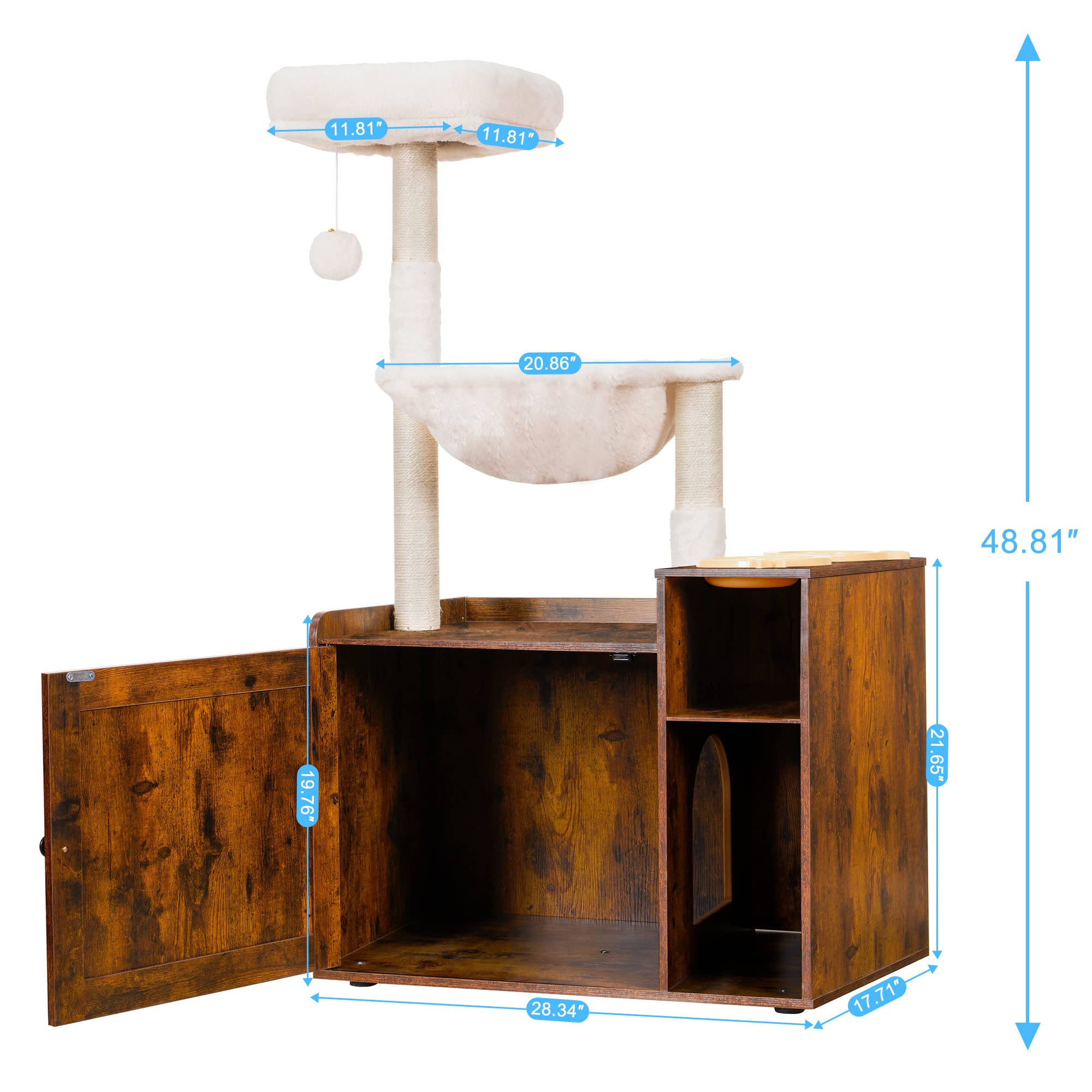 Hey-brother Cat Tree with XL Litter Box Enclosure, Rustic Brown, L (28.3"×17.7"×48"), Plush Fabric, Scratching Posts, Modern Design