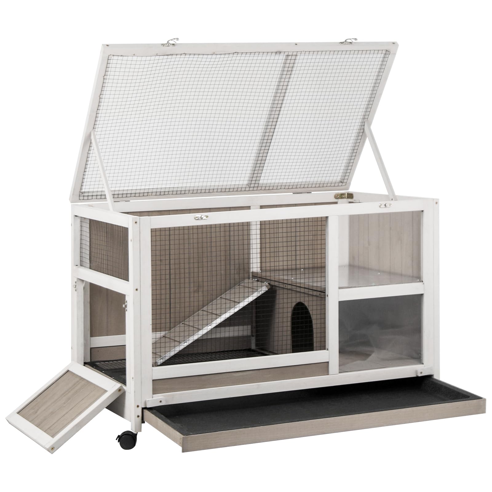 Gowoodhut Indoor Rabbit Hutch - 36''L Outdoor Wooden Bunny Hutch With Wheels Rabbit Cage Guinea Pig Cages Removable Pull Out Tra