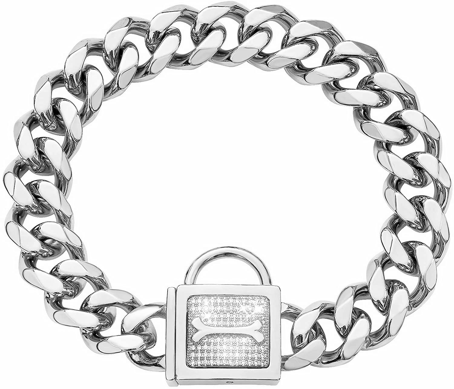 Aiyidi Heavy Pet Dog Collar, Stainless Steel Metal Slip Choker Collar, With Personality Rhinestone Lock, 19Mm Silver Cuban Link Chain,12-26Inch, Water-Proof, Chew-Proof, For Medium & Large Dogs(20'')