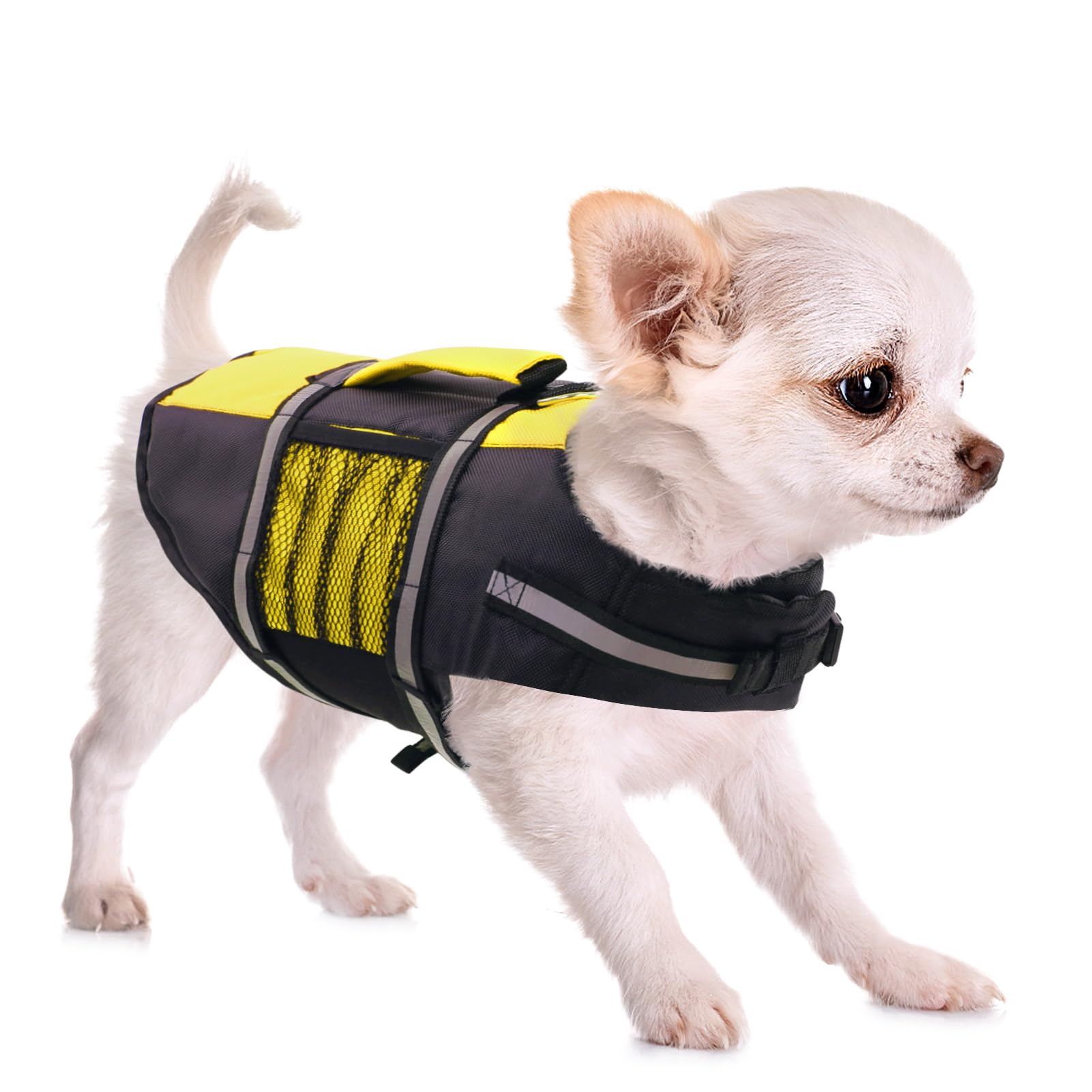 Queenmore Dog Life Jacket Lifesaver Preserver High Buoyancy With Emergency Grab Handle For Small & Medium Dogs Brightyellow, Med