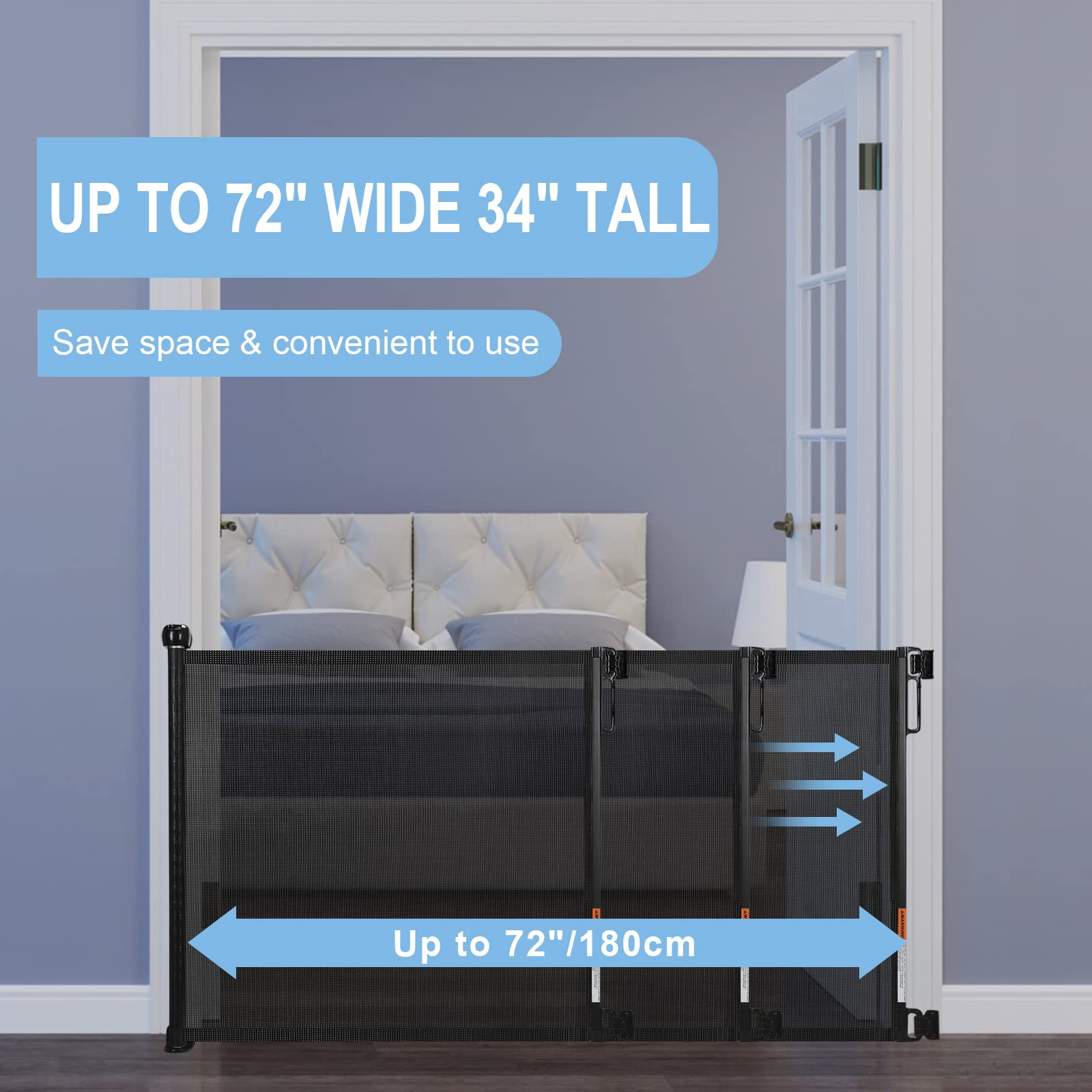 PRObebi Retractable Baby & Pet Gate - 34'' Tall, Extends to 72'' Wide, Mesh Gate for Doorways, Stairs, Hallways, Indoor/Outdoor