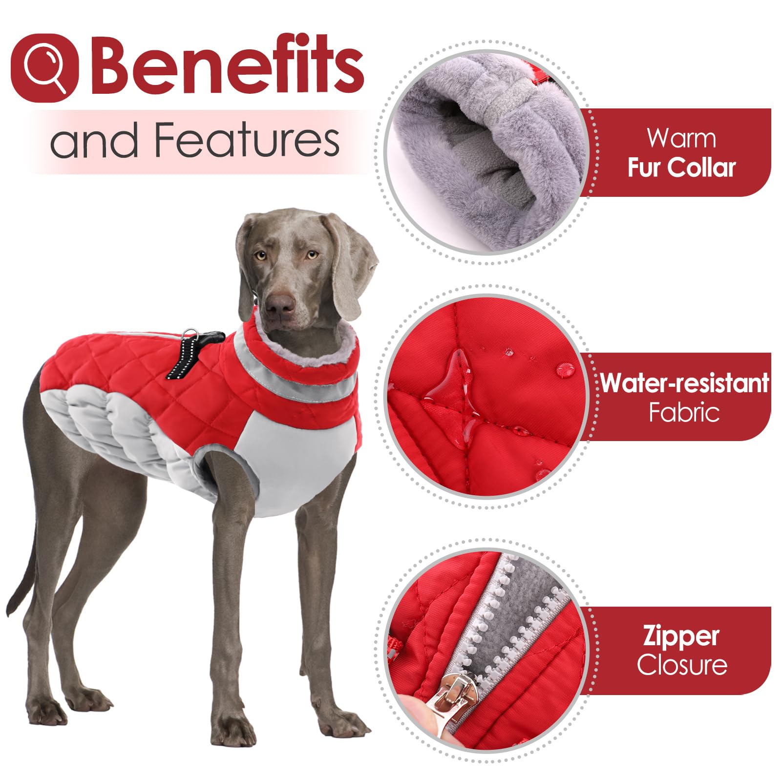 AOFITEE Winter Dog Coat, Reflective Zip Up Vest, Warm Fleece, 2XL, Red