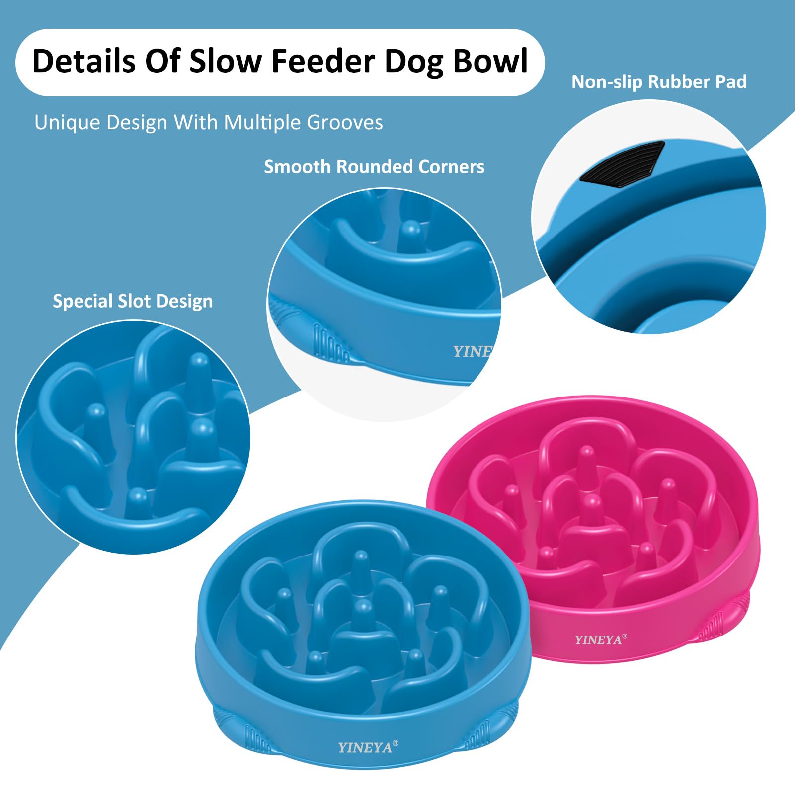 YINEYA Large Slow Feeder Dog Bowls, Anti-Choking Puzzle Bowl, Dark Blue & Rose Red, 2PCS, Polypropylene