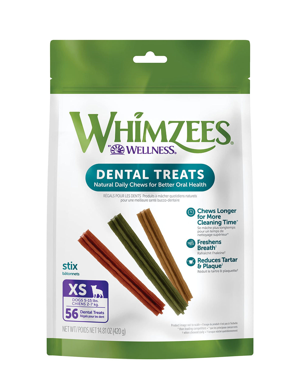Whimzees By Wellness Stix Natural Dental Chews For Dogs, Long Lasting Treats, Grain-Free, Freshens Breath, Extra Small Breed, 56