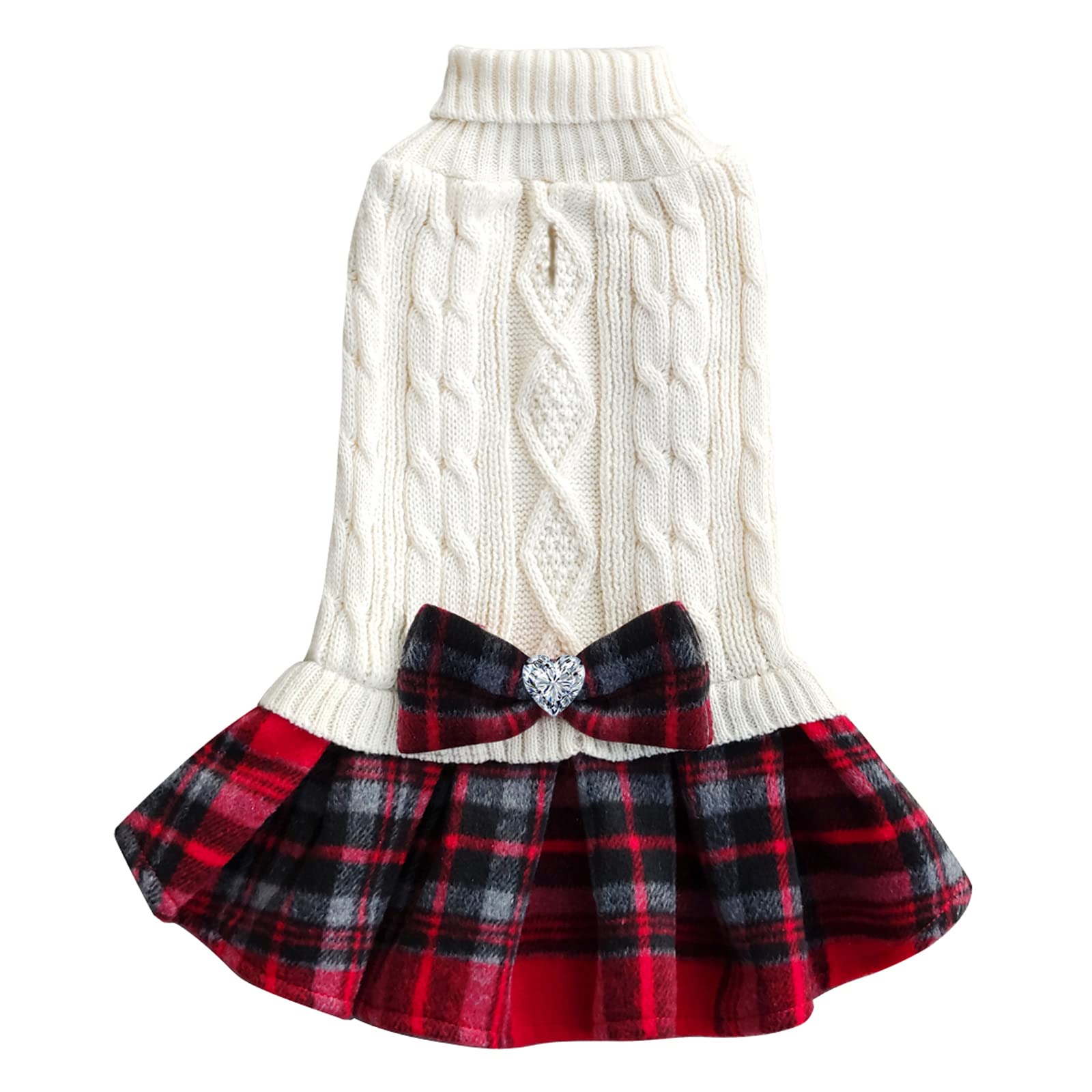 Kyeese Dog Sweater Dress Beige For Small Medium Dogs With Bowtie Buffalo Check Turtleneck Dog Sweaters Warm Pet Sweater