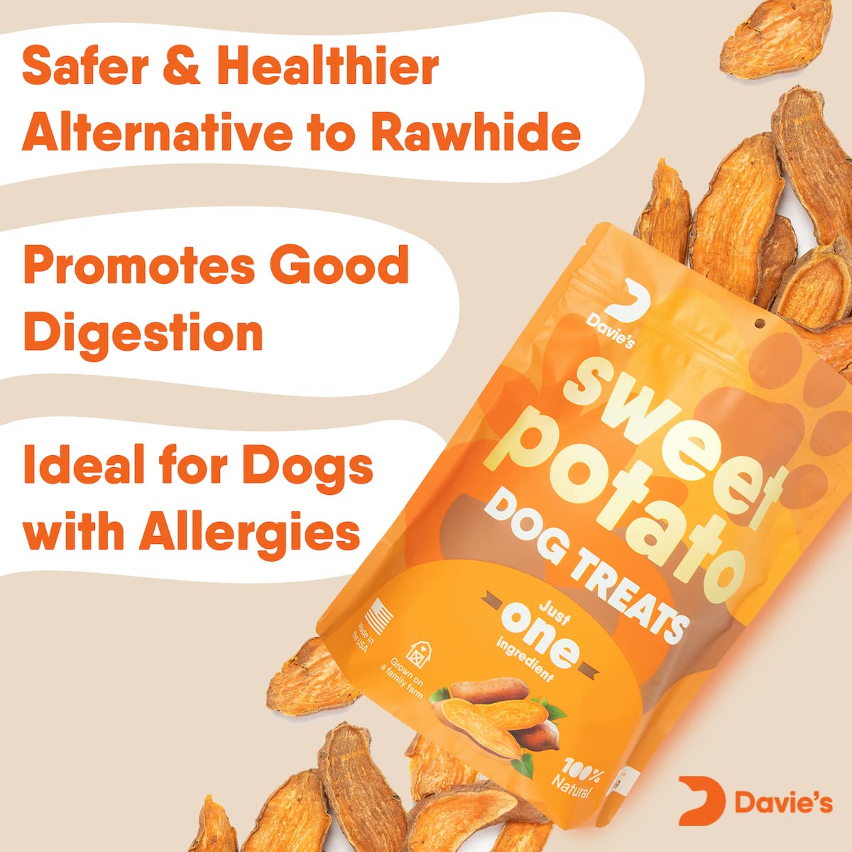 Davies Sweet Potato Dog Treats - Healthy Treats Made in USA Only, Natural Treats, Healthy Dog Chews, Low Fat Treats, 0.5 lb. Ba