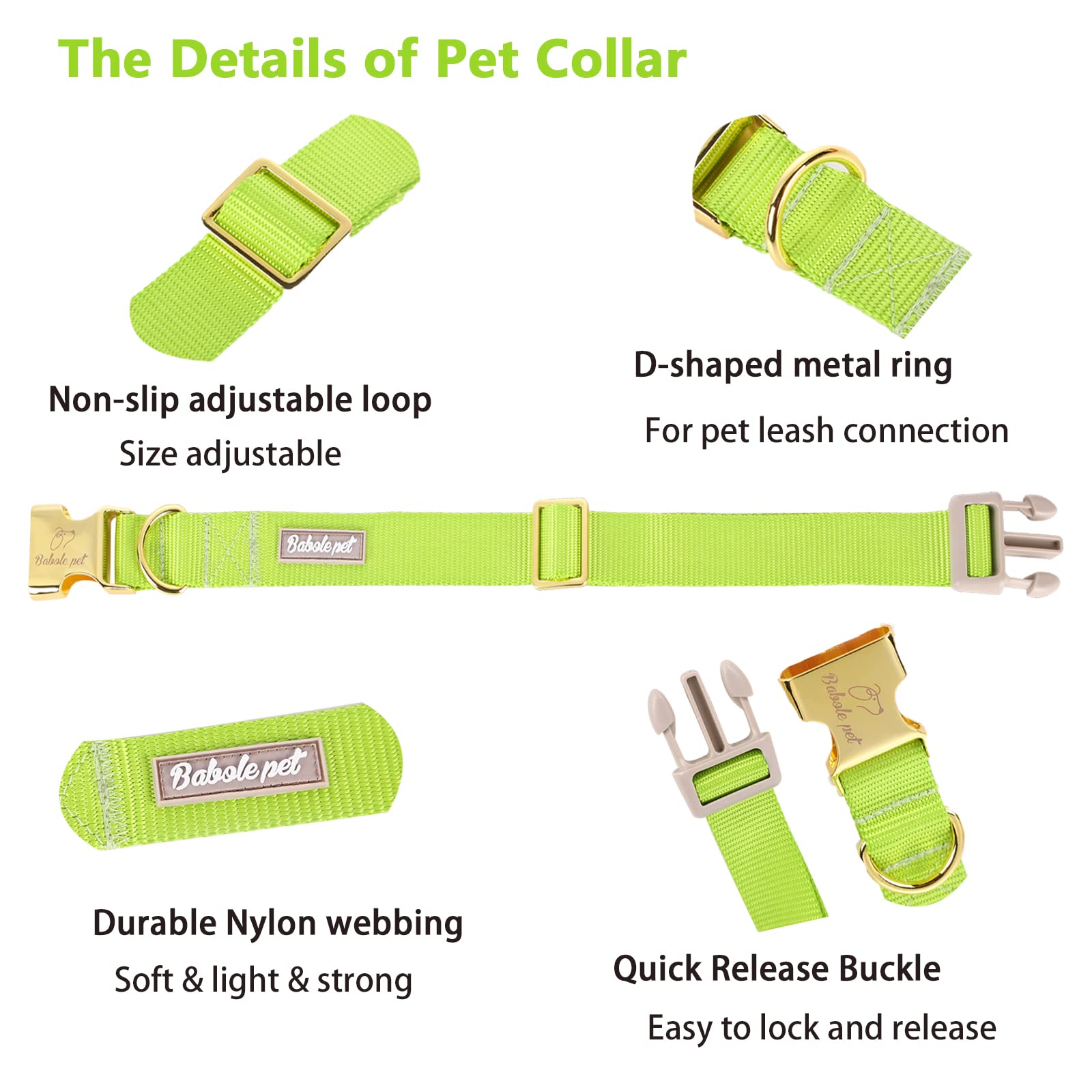 Babole Pet Nylon Dog Collar - Adjustable Fluorescent Green Soft Webbing Dog Collars For Small Medium Large Dogs Boy Girl Puppy C