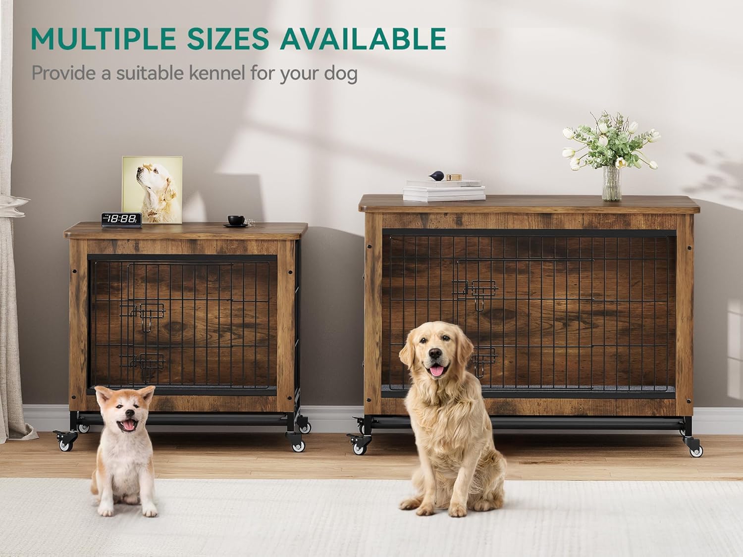 Dwvo Dog Crate Furniture With Wheels, 27'' Dog Kennel Indoor With Cushion, Dog Crate End Table With Tray, Dog Cage With Double D