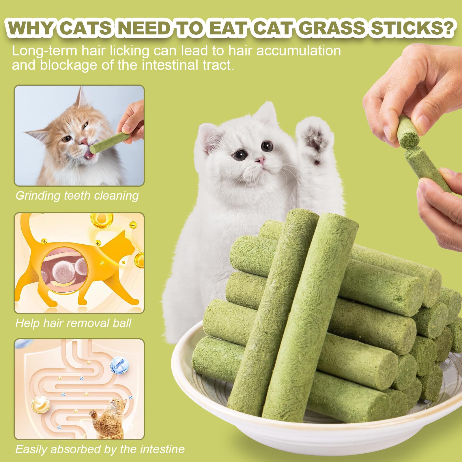 Dylans cabin Cat Grass Teething Stick - Natural Freeze Dried Treats Edible Chew Cat Toy for Teeth Cleaning and Hairball Removal