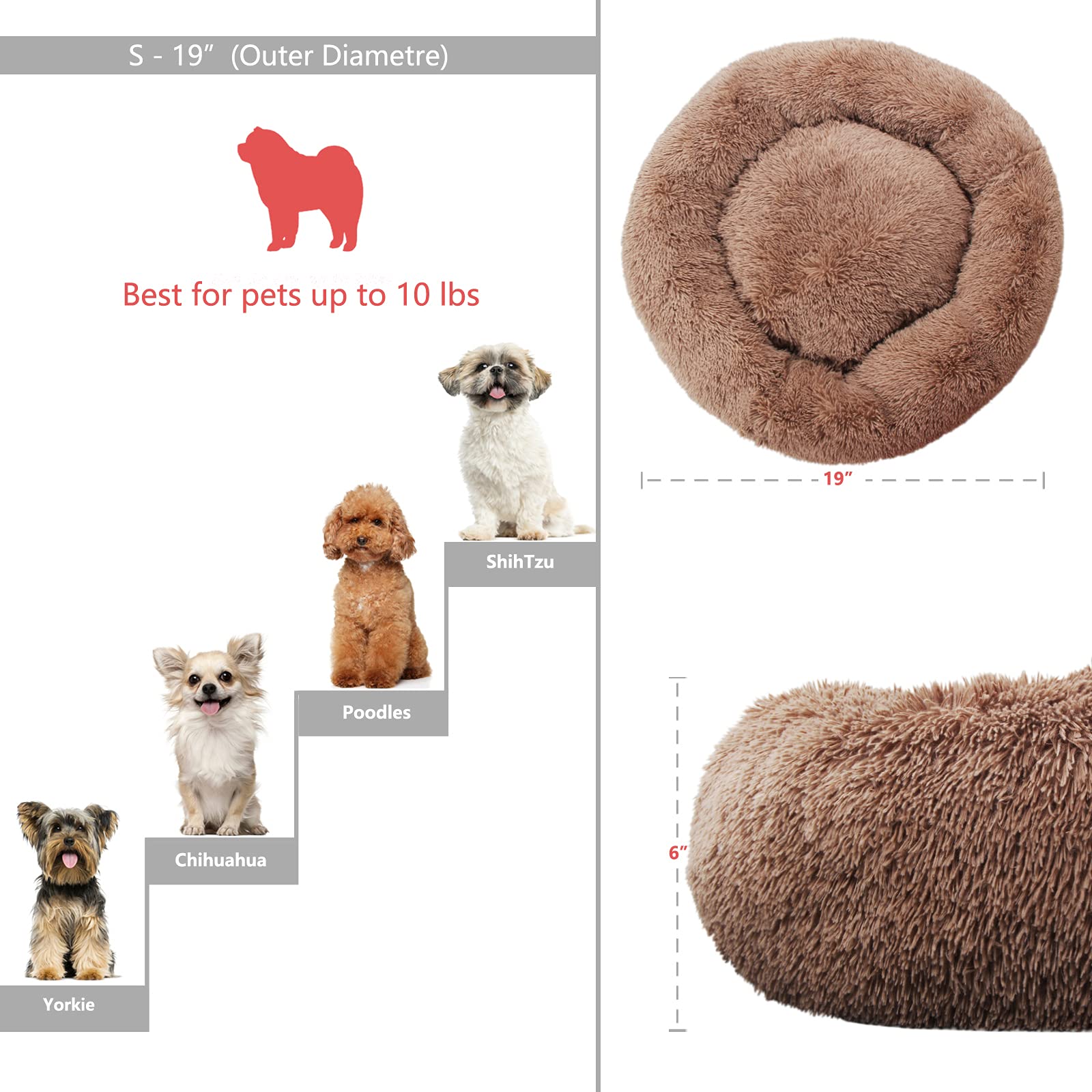 Nononfish Small Puppy Beds For Small Dogs Washable - 19 Inches Round Faux Fur Pet Bed For Puppy And Cat Donut Fluffy Plush Ortho
