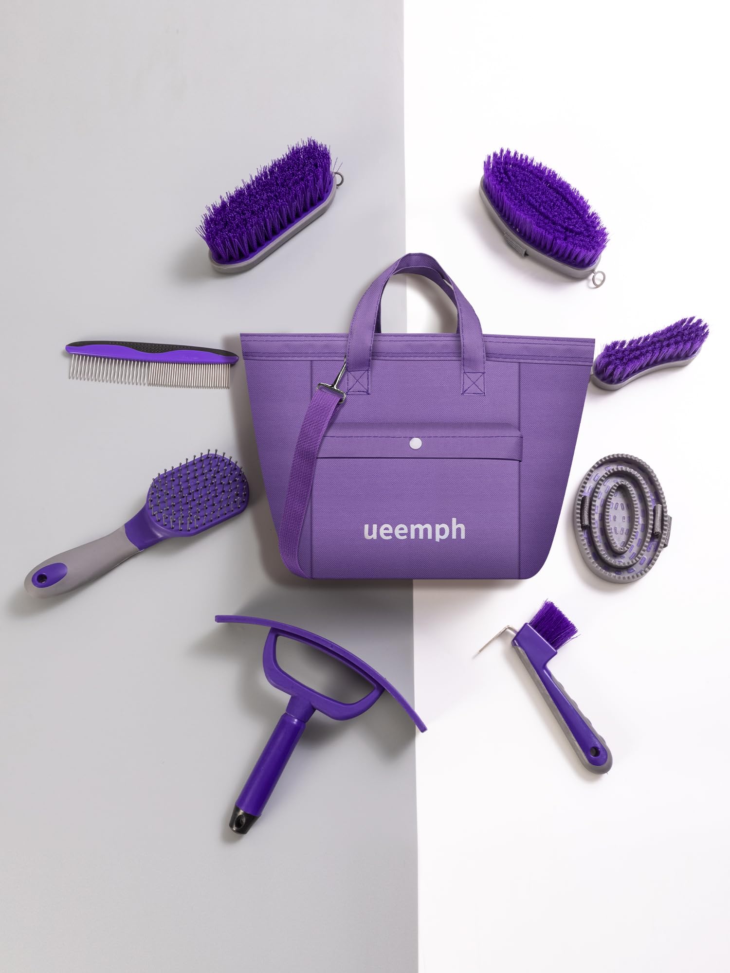 Ueemph Horse Grooming Kit (12-Piece): Brushes, Storage Bag, Sweat Scraper, Mane Comb, Grooming Gloves - Purple Horse Gifts For G