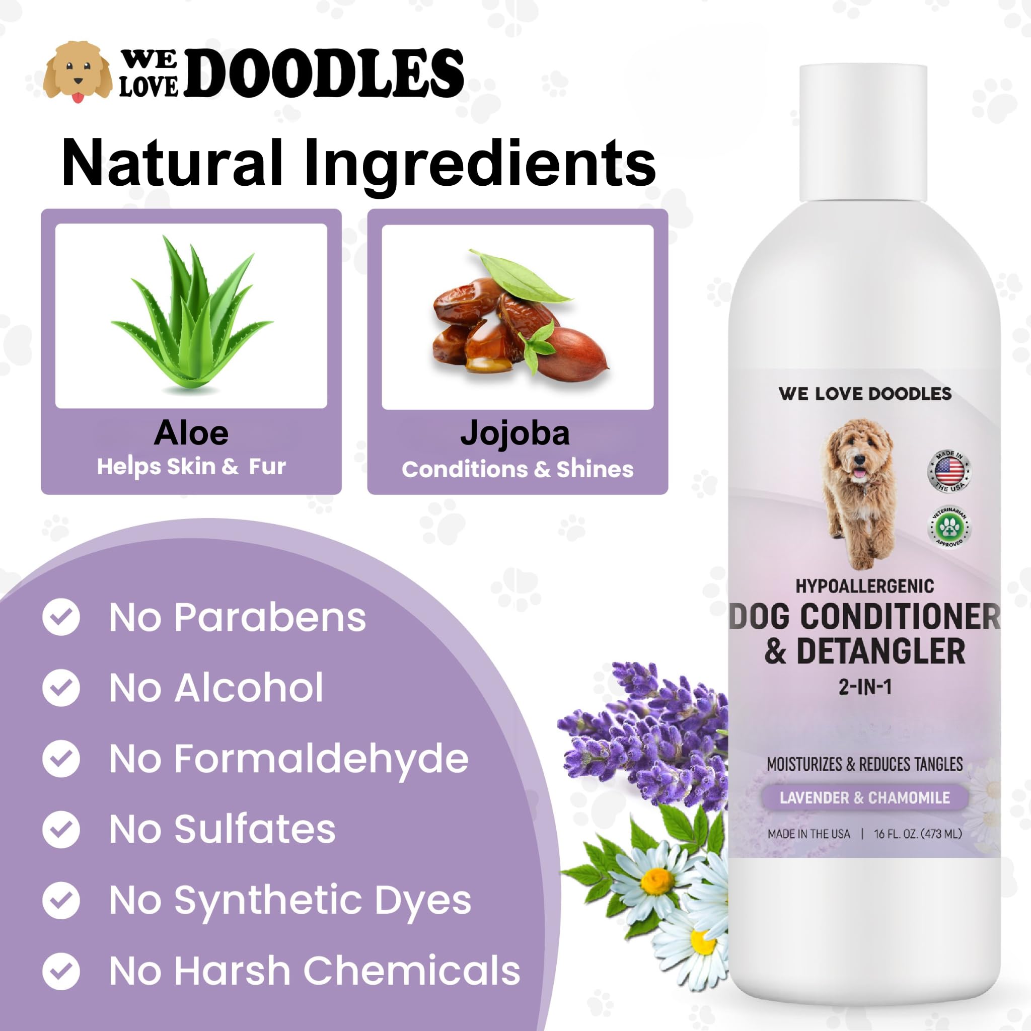 Dog Conditioner & Detangler, 2-in-1 Conditioner for Allergies & Itching, Made in USA, Lotion Treatment for Dogs, Perfect for Poo