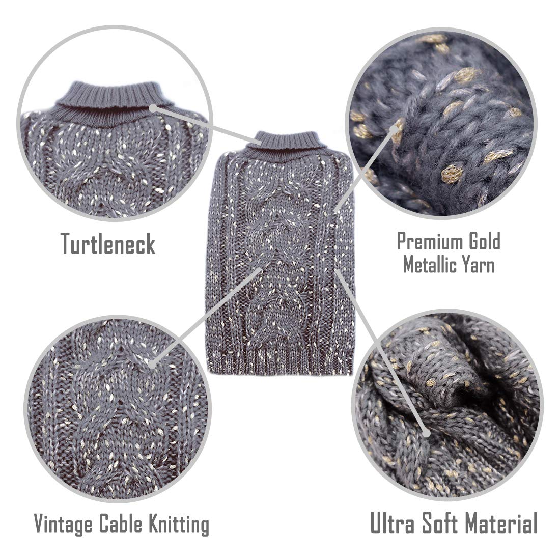 Kyeese Dog Sweater For Small Medium Dogs Knit Pullover Doggie Sweater Warm Pet Sweater For Fall Winter With Golden Yarn Decors Grey