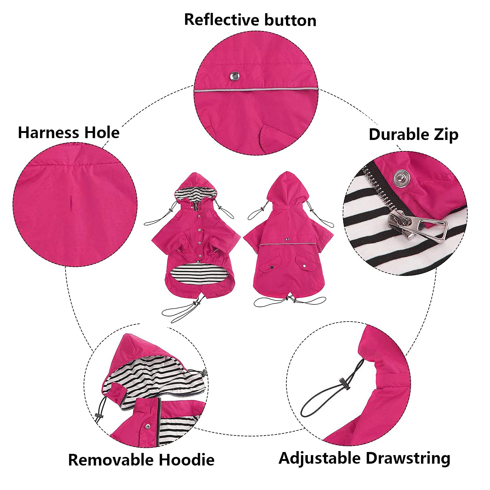 Morezi Dog Zip Up Dog Raincoat With Reflective Buttons, Rain/Water Resistant, Adjustable Drawstring, Removable Hood, Stylish Premium Dog Raincoats - Size Xs To Xxl Available - Pink - Xl