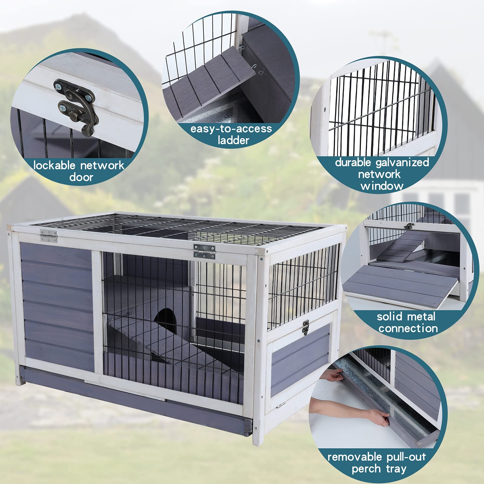 PETSFIT Guinea Pig House Leak Proof Design, Spruce Wood Rabbit Hutch with Bottom Net Hideout for Rest and Ramp for Enter and Out