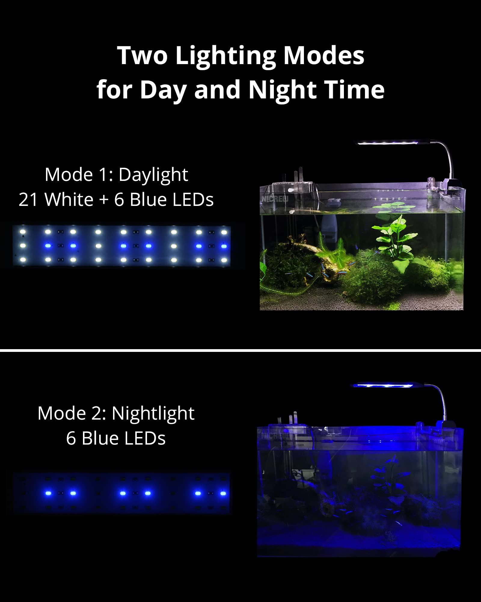 Nicrew Fish Tank Clip On Light, Clamp Aquarium Light With White And Blue Leds, 480Lm, 10 Watts